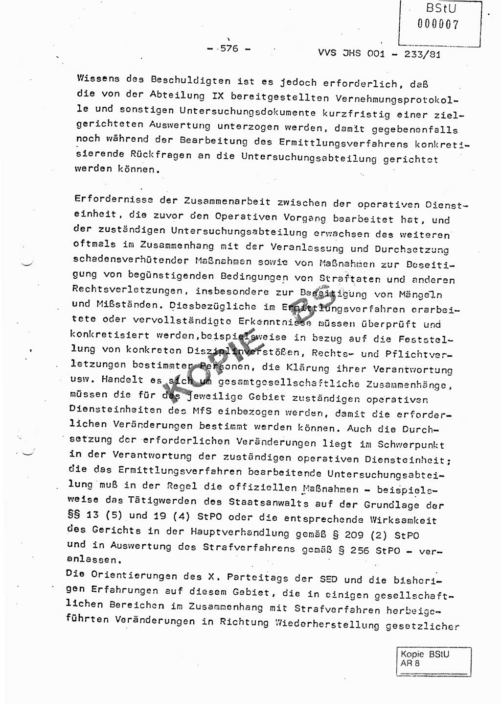 Dissertation Oberstleutnant Horst Zank (JHS), Oberstleutnant Dr. Karl-Heinz Knoblauch (JHS), Oberstleutnant Gustav-Adolf Kowalewski (HA Ⅸ), Oberstleutnant Wolfgang Plötner (HA Ⅸ), Ministerium für Staatssicherheit (MfS) [Deutsche Demokratische Republik (DDR)], Juristische Hochschule (JHS), Vertrauliche Verschlußsache (VVS) o001-233/81, Potsdam 1981, Blatt 576 (Diss. MfS DDR JHS VVS o001-233/81 1981, Bl. 576)