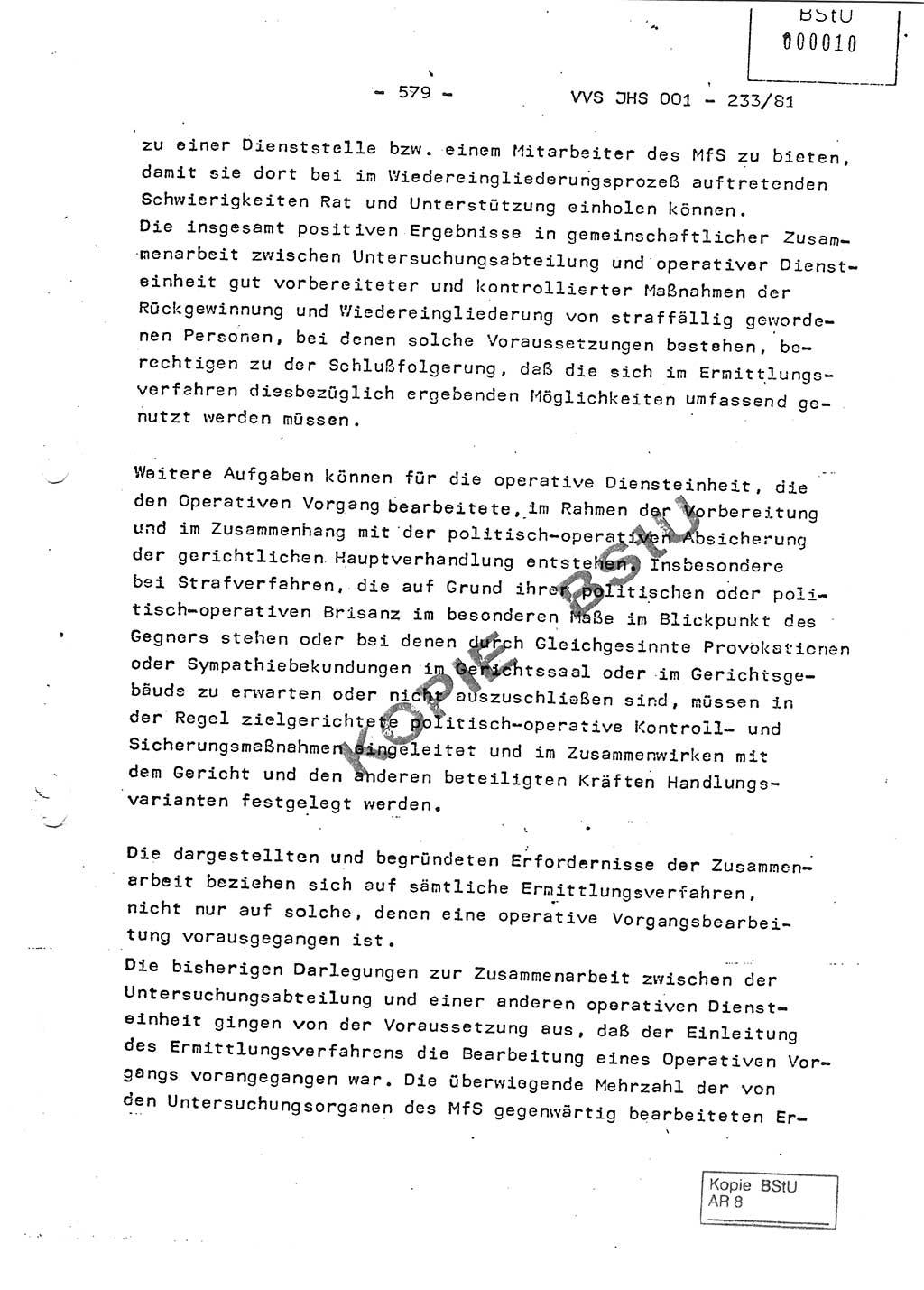 Dissertation Oberstleutnant Horst Zank (JHS), Oberstleutnant Dr. Karl-Heinz Knoblauch (JHS), Oberstleutnant Gustav-Adolf Kowalewski (HA Ⅸ), Oberstleutnant Wolfgang Plötner (HA Ⅸ), Ministerium für Staatssicherheit (MfS) [Deutsche Demokratische Republik (DDR)], Juristische Hochschule (JHS), Vertrauliche Verschlußsache (VVS) o001-233/81, Potsdam 1981, Blatt 579 (Diss. MfS DDR JHS VVS o001-233/81 1981, Bl. 579)