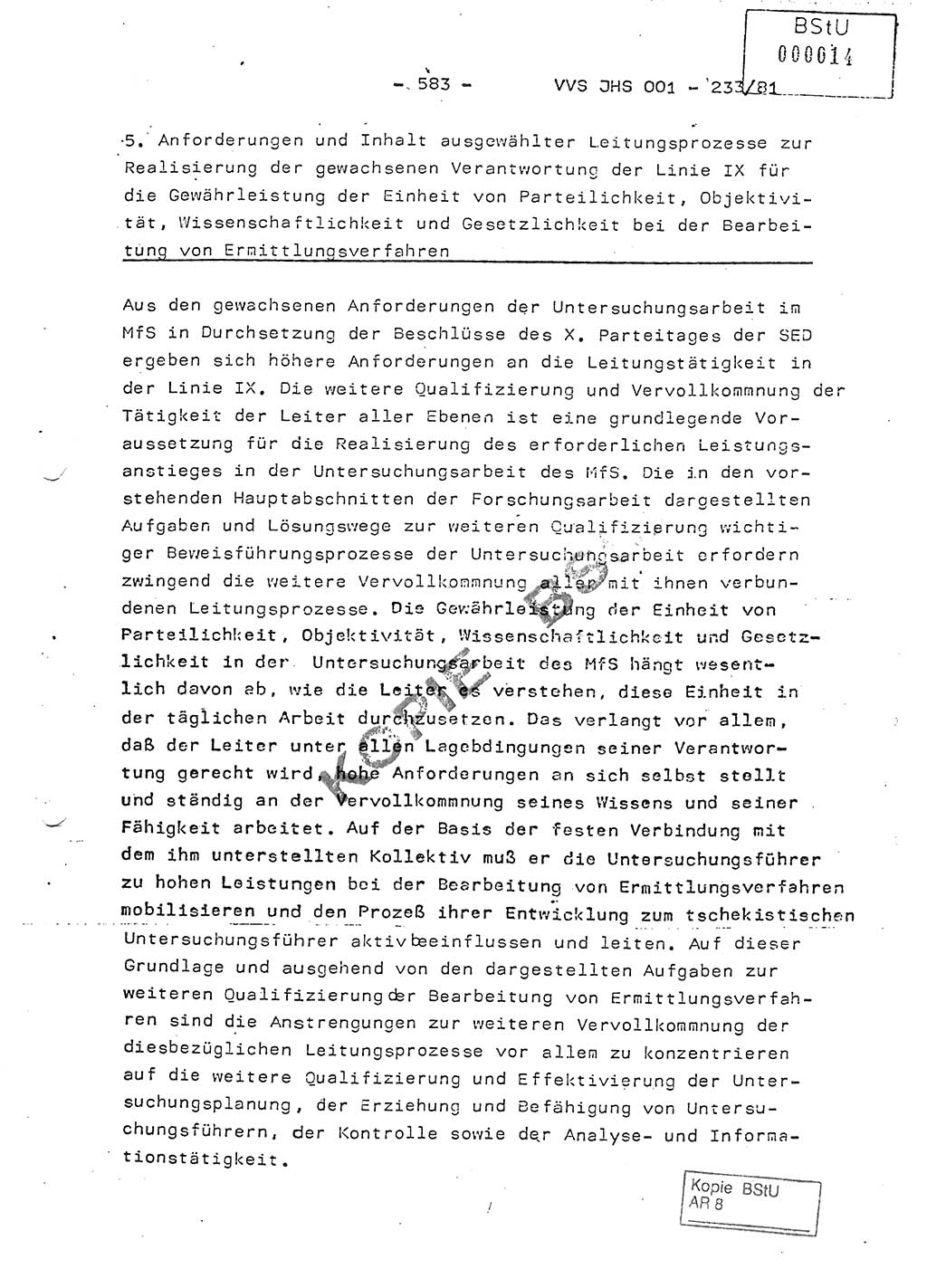Dissertation Oberstleutnant Horst Zank (JHS), Oberstleutnant Dr. Karl-Heinz Knoblauch (JHS), Oberstleutnant Gustav-Adolf Kowalewski (HA Ⅸ), Oberstleutnant Wolfgang Plötner (HA Ⅸ), Ministerium für Staatssicherheit (MfS) [Deutsche Demokratische Republik (DDR)], Juristische Hochschule (JHS), Vertrauliche Verschlußsache (VVS) o001-233/81, Potsdam 1981, Blatt 583 (Diss. MfS DDR JHS VVS o001-233/81 1981, Bl. 583)
