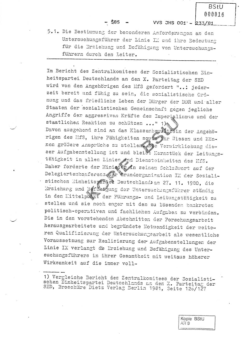 Dissertation Oberstleutnant Horst Zank (JHS), Oberstleutnant Dr. Karl-Heinz Knoblauch (JHS), Oberstleutnant Gustav-Adolf Kowalewski (HA Ⅸ), Oberstleutnant Wolfgang Plötner (HA Ⅸ), Ministerium für Staatssicherheit (MfS) [Deutsche Demokratische Republik (DDR)], Juristische Hochschule (JHS), Vertrauliche Verschlußsache (VVS) o001-233/81, Potsdam 1981, Blatt 585 (Diss. MfS DDR JHS VVS o001-233/81 1981, Bl. 585)
