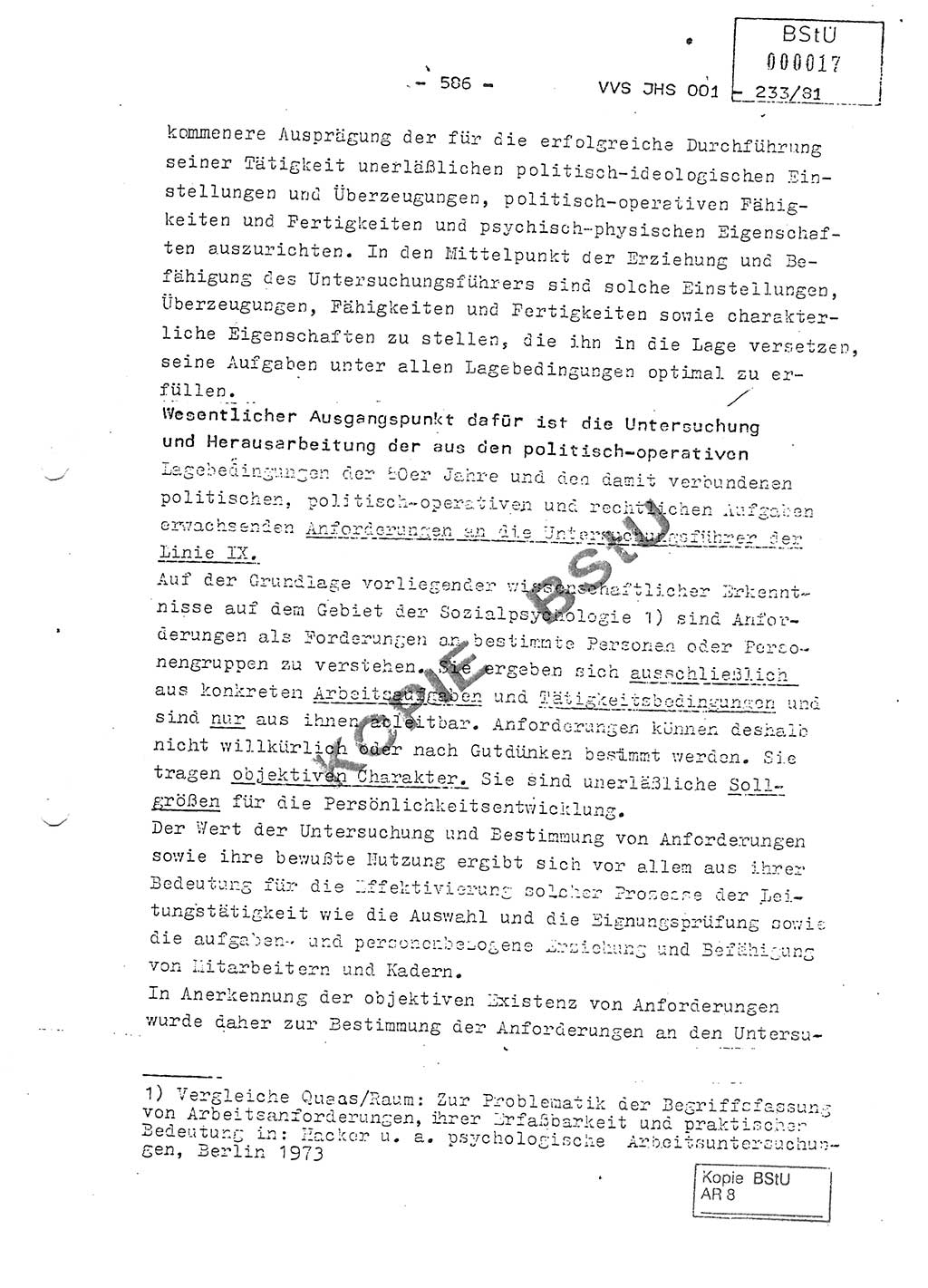 Dissertation Oberstleutnant Horst Zank (JHS), Oberstleutnant Dr. Karl-Heinz Knoblauch (JHS), Oberstleutnant Gustav-Adolf Kowalewski (HA Ⅸ), Oberstleutnant Wolfgang Plötner (HA Ⅸ), Ministerium für Staatssicherheit (MfS) [Deutsche Demokratische Republik (DDR)], Juristische Hochschule (JHS), Vertrauliche Verschlußsache (VVS) o001-233/81, Potsdam 1981, Blatt 586 (Diss. MfS DDR JHS VVS o001-233/81 1981, Bl. 586)