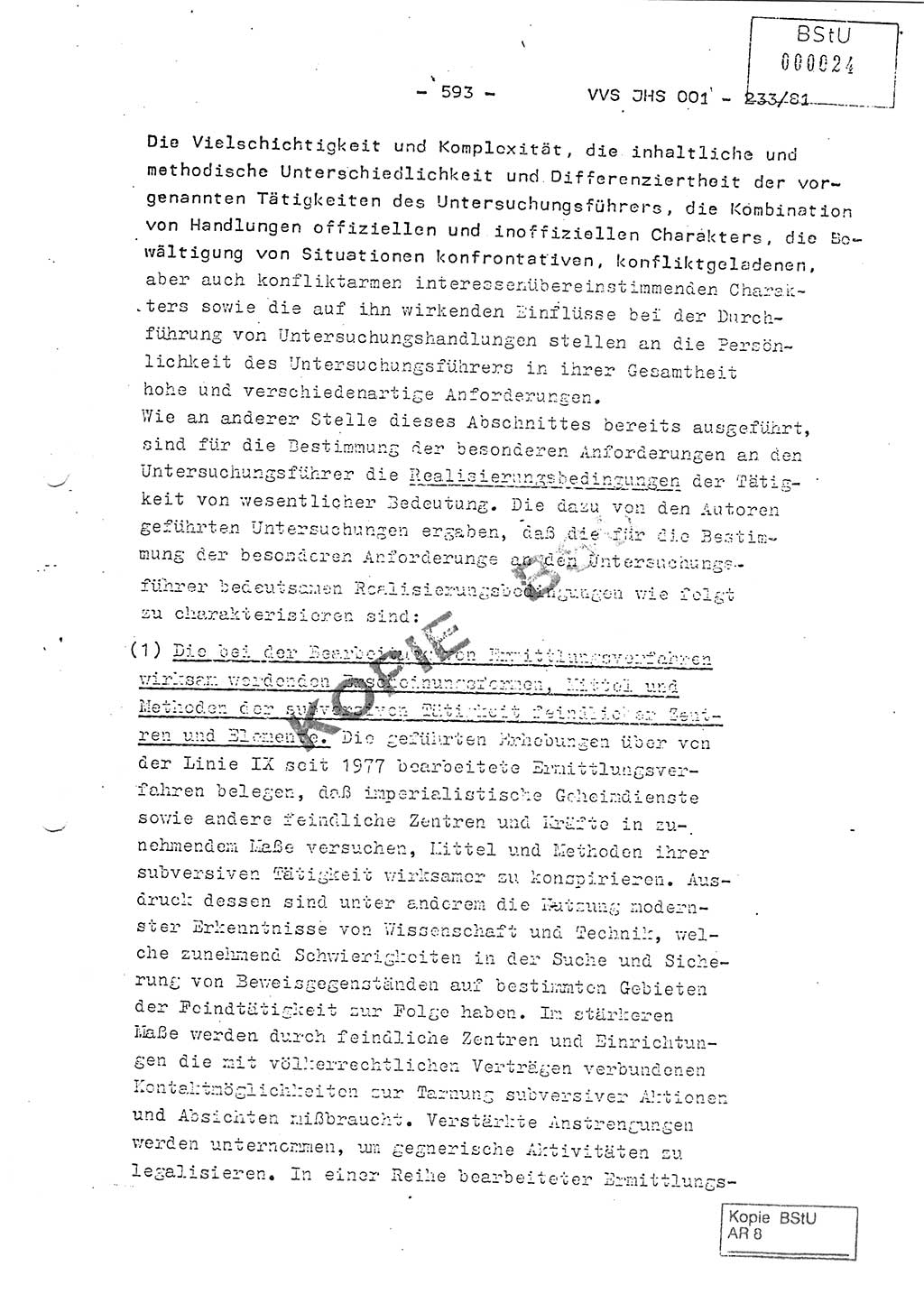 Dissertation Oberstleutnant Horst Zank (JHS), Oberstleutnant Dr. Karl-Heinz Knoblauch (JHS), Oberstleutnant Gustav-Adolf Kowalewski (HA Ⅸ), Oberstleutnant Wolfgang Plötner (HA Ⅸ), Ministerium für Staatssicherheit (MfS) [Deutsche Demokratische Republik (DDR)], Juristische Hochschule (JHS), Vertrauliche Verschlußsache (VVS) o001-233/81, Potsdam 1981, Blatt 593 (Diss. MfS DDR JHS VVS o001-233/81 1981, Bl. 593)