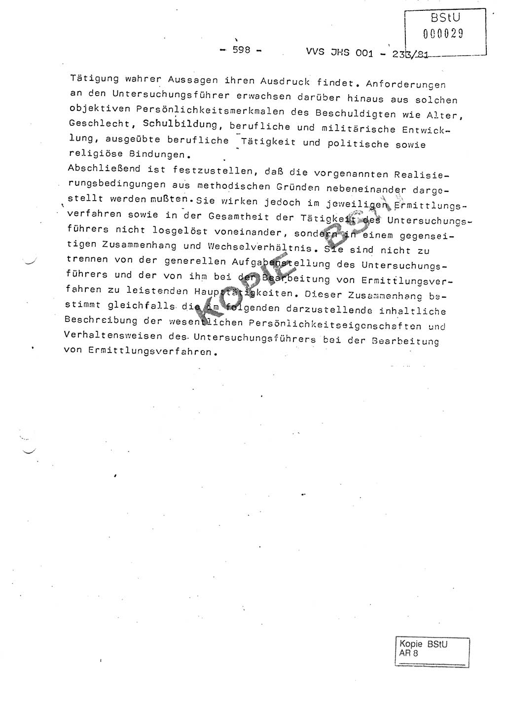 Dissertation Oberstleutnant Horst Zank (JHS), Oberstleutnant Dr. Karl-Heinz Knoblauch (JHS), Oberstleutnant Gustav-Adolf Kowalewski (HA Ⅸ), Oberstleutnant Wolfgang Plötner (HA Ⅸ), Ministerium für Staatssicherheit (MfS) [Deutsche Demokratische Republik (DDR)], Juristische Hochschule (JHS), Vertrauliche Verschlußsache (VVS) o001-233/81, Potsdam 1981, Blatt 598 (Diss. MfS DDR JHS VVS o001-233/81 1981, Bl. 598)