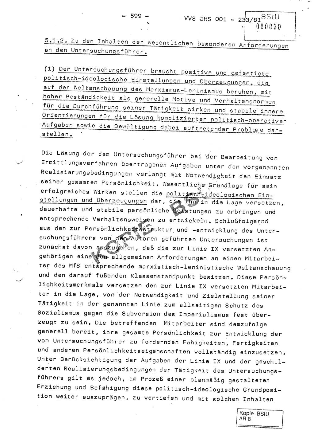 Dissertation Oberstleutnant Horst Zank (JHS), Oberstleutnant Dr. Karl-Heinz Knoblauch (JHS), Oberstleutnant Gustav-Adolf Kowalewski (HA Ⅸ), Oberstleutnant Wolfgang Plötner (HA Ⅸ), Ministerium für Staatssicherheit (MfS) [Deutsche Demokratische Republik (DDR)], Juristische Hochschule (JHS), Vertrauliche Verschlußsache (VVS) o001-233/81, Potsdam 1981, Blatt 599 (Diss. MfS DDR JHS VVS o001-233/81 1981, Bl. 599)