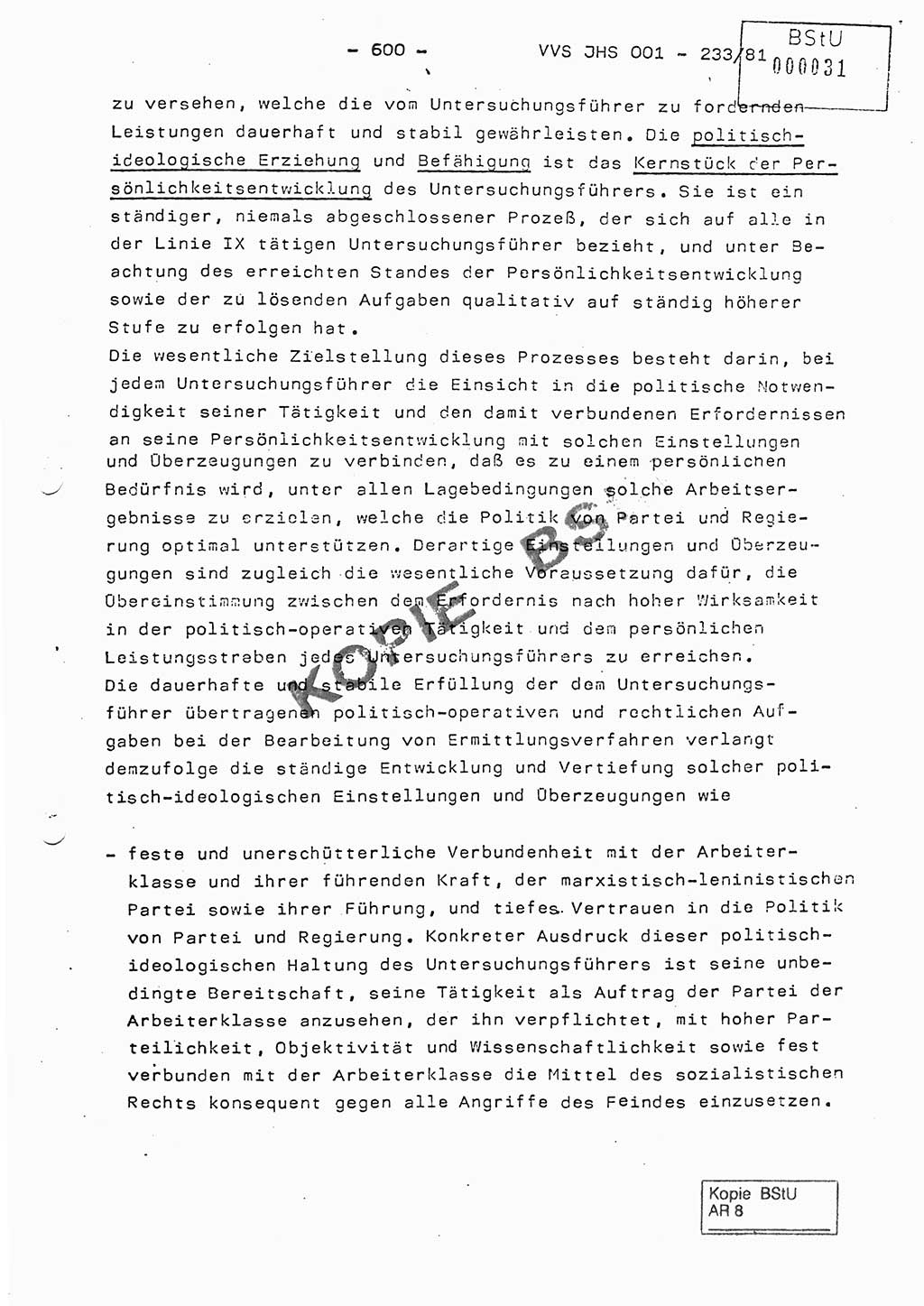 Dissertation Oberstleutnant Horst Zank (JHS), Oberstleutnant Dr. Karl-Heinz Knoblauch (JHS), Oberstleutnant Gustav-Adolf Kowalewski (HA Ⅸ), Oberstleutnant Wolfgang Plötner (HA Ⅸ), Ministerium für Staatssicherheit (MfS) [Deutsche Demokratische Republik (DDR)], Juristische Hochschule (JHS), Vertrauliche Verschlußsache (VVS) o001-233/81, Potsdam 1981, Blatt 600 (Diss. MfS DDR JHS VVS o001-233/81 1981, Bl. 600)