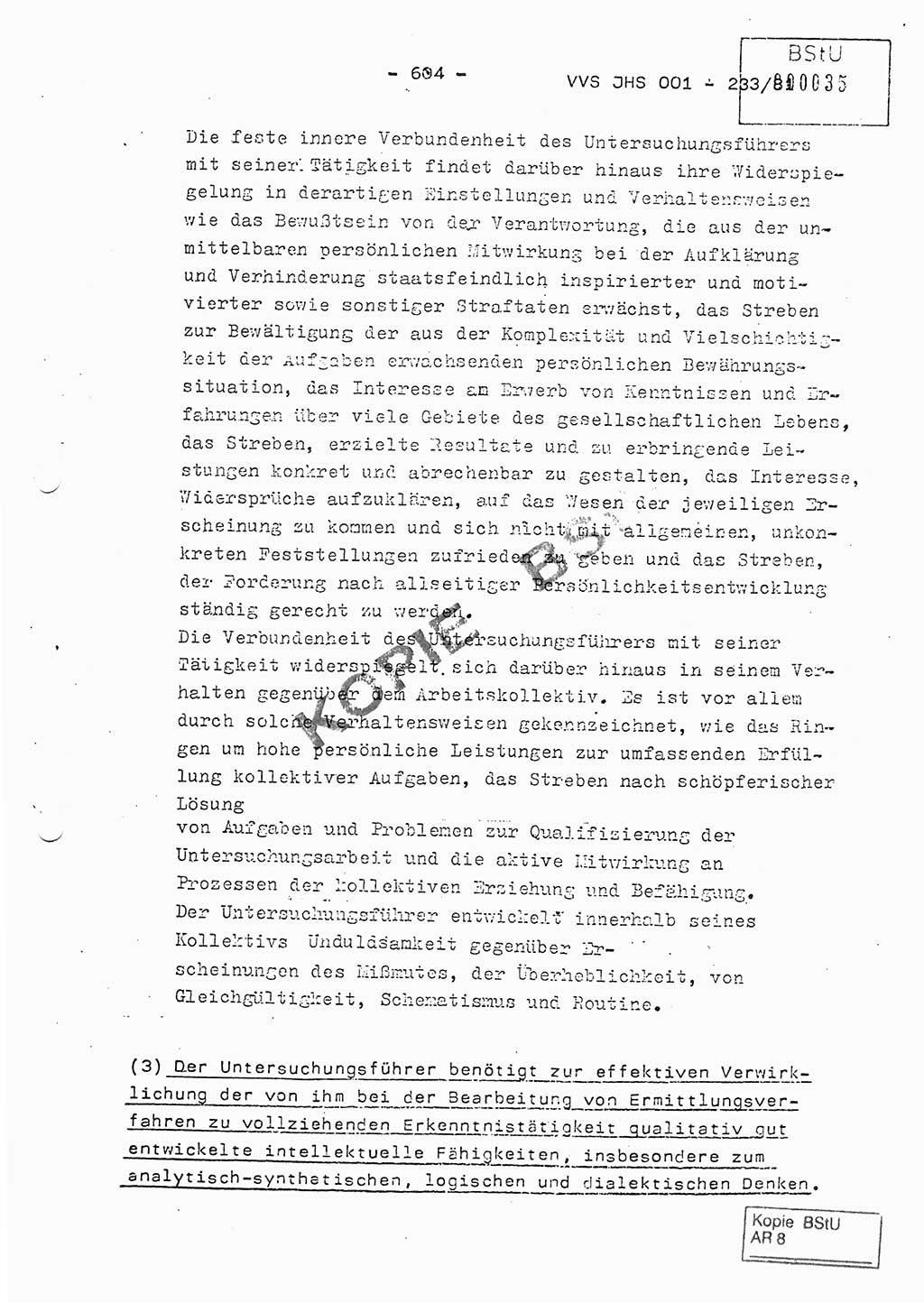 Dissertation Oberstleutnant Horst Zank (JHS), Oberstleutnant Dr. Karl-Heinz Knoblauch (JHS), Oberstleutnant Gustav-Adolf Kowalewski (HA Ⅸ), Oberstleutnant Wolfgang Plötner (HA Ⅸ), Ministerium für Staatssicherheit (MfS) [Deutsche Demokratische Republik (DDR)], Juristische Hochschule (JHS), Vertrauliche Verschlußsache (VVS) o001-233/81, Potsdam 1981, Blatt 604 (Diss. MfS DDR JHS VVS o001-233/81 1981, Bl. 604)