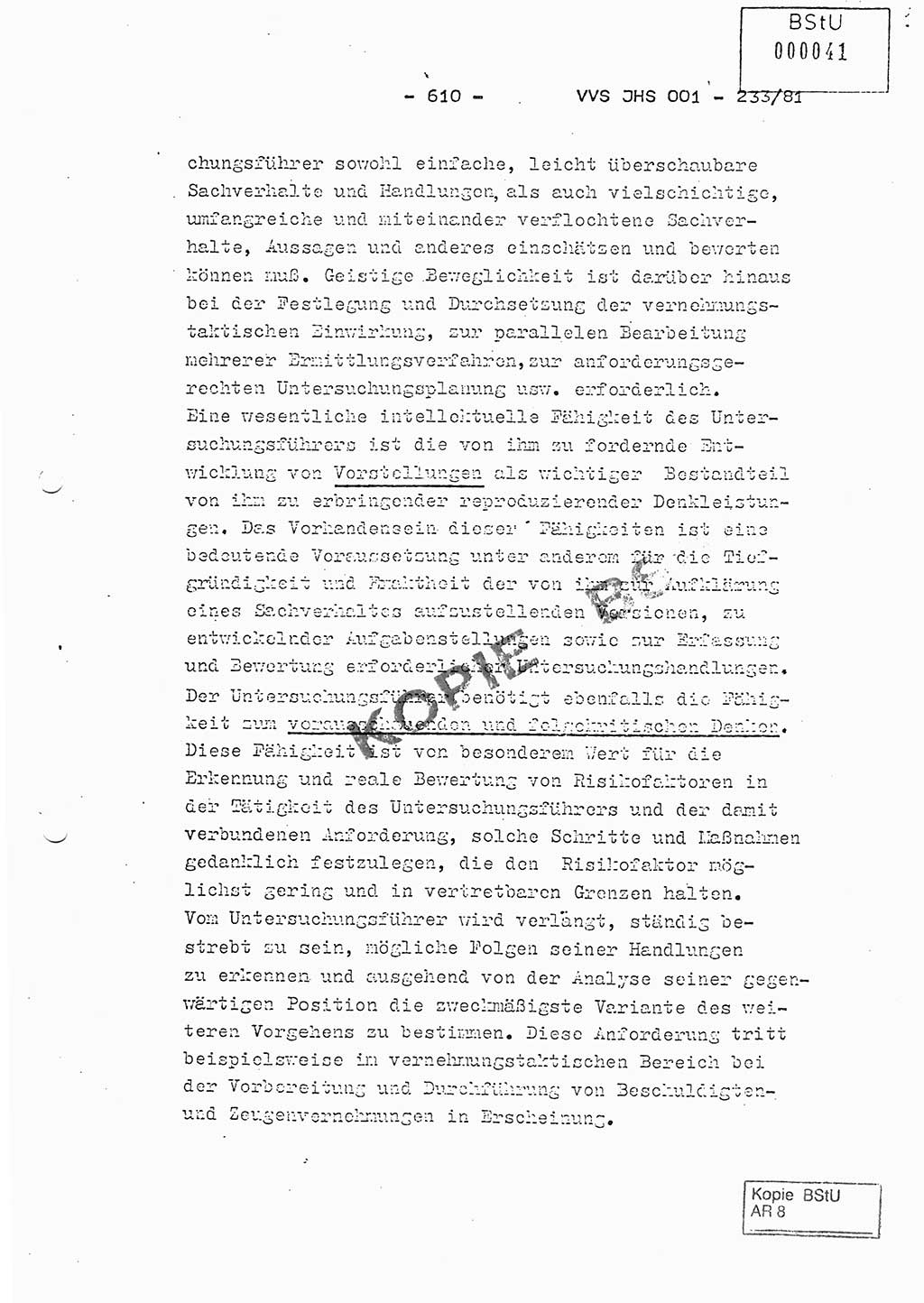 Dissertation Oberstleutnant Horst Zank (JHS), Oberstleutnant Dr. Karl-Heinz Knoblauch (JHS), Oberstleutnant Gustav-Adolf Kowalewski (HA Ⅸ), Oberstleutnant Wolfgang Plötner (HA Ⅸ), Ministerium für Staatssicherheit (MfS) [Deutsche Demokratische Republik (DDR)], Juristische Hochschule (JHS), Vertrauliche Verschlußsache (VVS) o001-233/81, Potsdam 1981, Blatt 610 (Diss. MfS DDR JHS VVS o001-233/81 1981, Bl. 610)