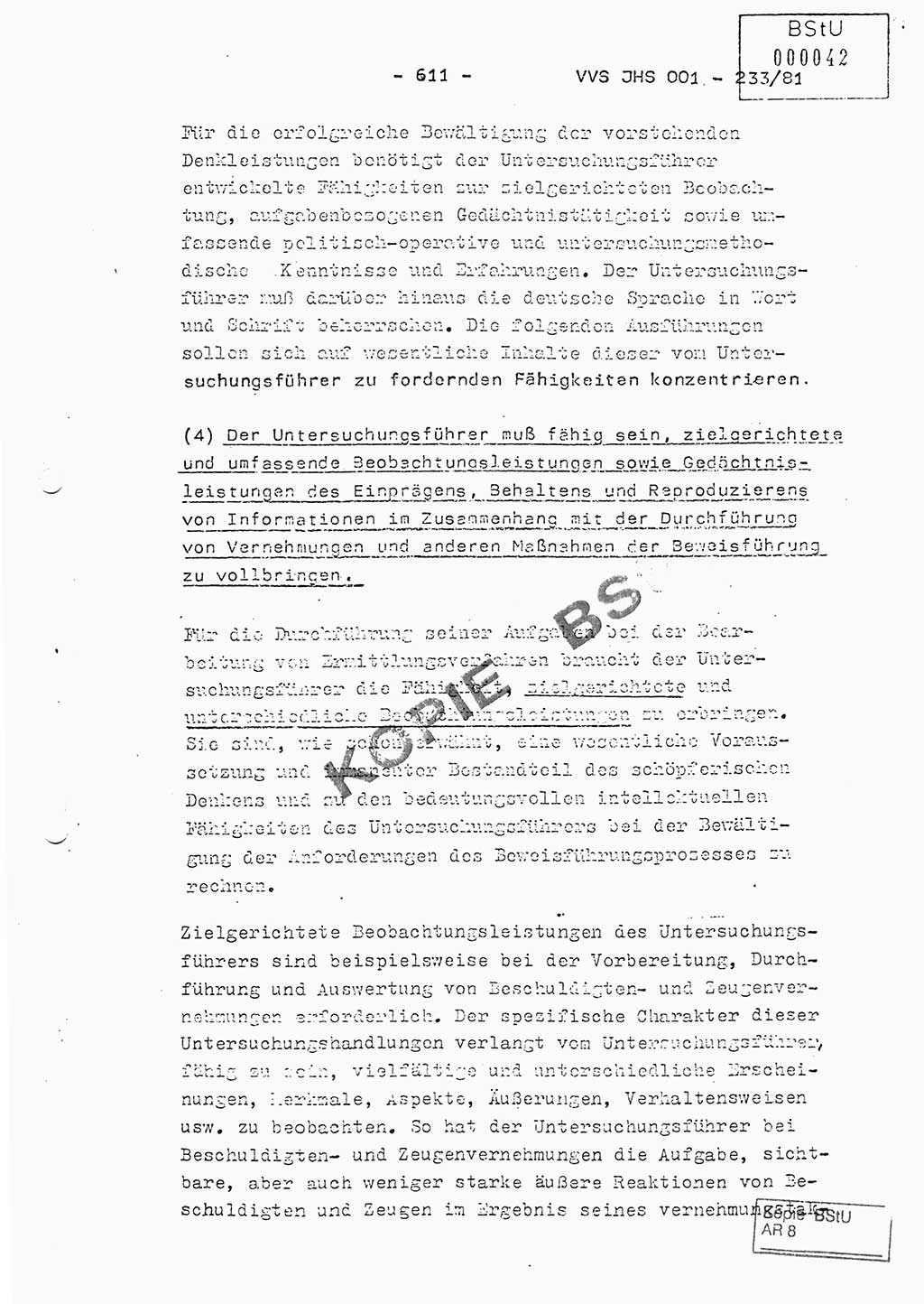 Dissertation Oberstleutnant Horst Zank (JHS), Oberstleutnant Dr. Karl-Heinz Knoblauch (JHS), Oberstleutnant Gustav-Adolf Kowalewski (HA Ⅸ), Oberstleutnant Wolfgang Plötner (HA Ⅸ), Ministerium für Staatssicherheit (MfS) [Deutsche Demokratische Republik (DDR)], Juristische Hochschule (JHS), Vertrauliche Verschlußsache (VVS) o001-233/81, Potsdam 1981, Blatt 611 (Diss. MfS DDR JHS VVS o001-233/81 1981, Bl. 611)
