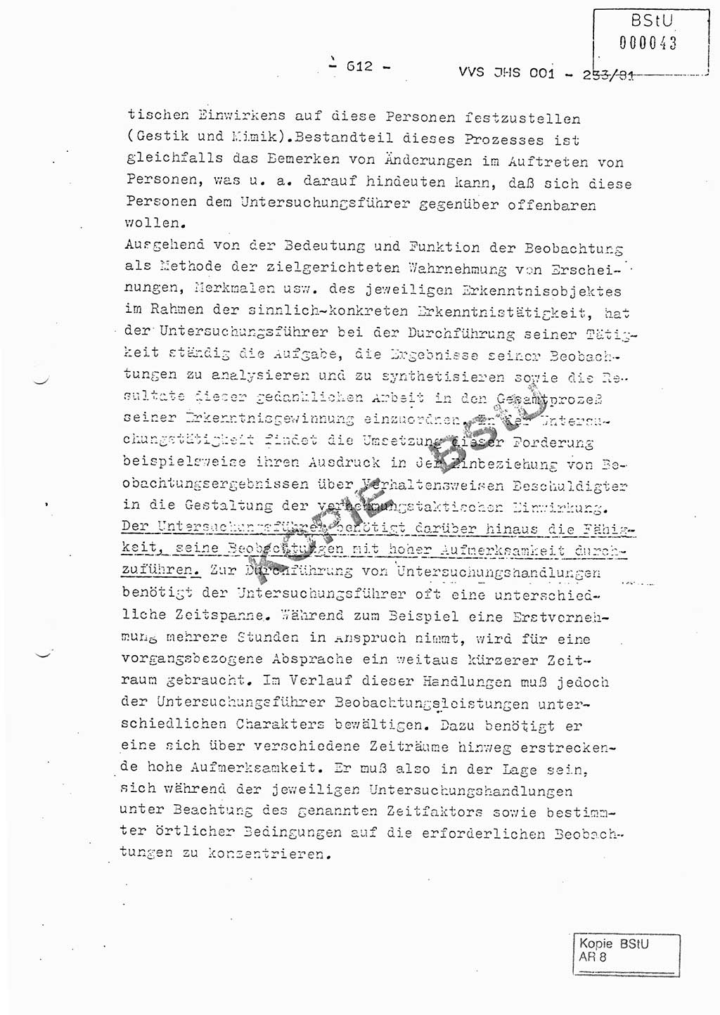 Dissertation Oberstleutnant Horst Zank (JHS), Oberstleutnant Dr. Karl-Heinz Knoblauch (JHS), Oberstleutnant Gustav-Adolf Kowalewski (HA Ⅸ), Oberstleutnant Wolfgang Plötner (HA Ⅸ), Ministerium für Staatssicherheit (MfS) [Deutsche Demokratische Republik (DDR)], Juristische Hochschule (JHS), Vertrauliche Verschlußsache (VVS) o001-233/81, Potsdam 1981, Blatt 612 (Diss. MfS DDR JHS VVS o001-233/81 1981, Bl. 612)