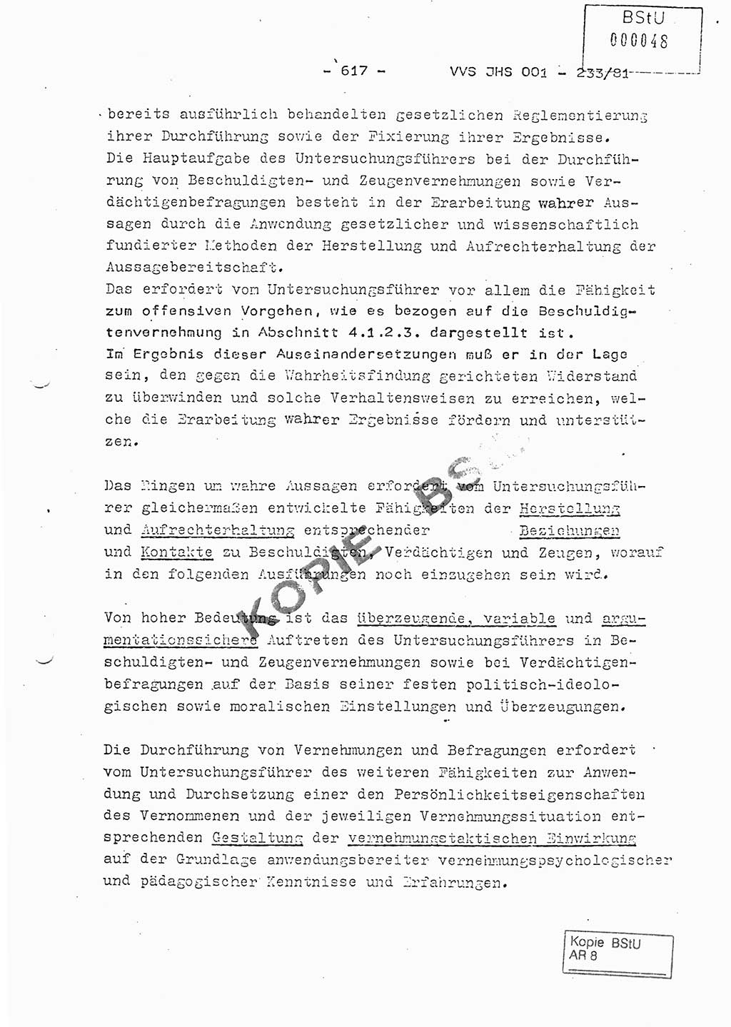Dissertation Oberstleutnant Horst Zank (JHS), Oberstleutnant Dr. Karl-Heinz Knoblauch (JHS), Oberstleutnant Gustav-Adolf Kowalewski (HA Ⅸ), Oberstleutnant Wolfgang Plötner (HA Ⅸ), Ministerium für Staatssicherheit (MfS) [Deutsche Demokratische Republik (DDR)], Juristische Hochschule (JHS), Vertrauliche Verschlußsache (VVS) o001-233/81, Potsdam 1981, Blatt 617 (Diss. MfS DDR JHS VVS o001-233/81 1981, Bl. 617)