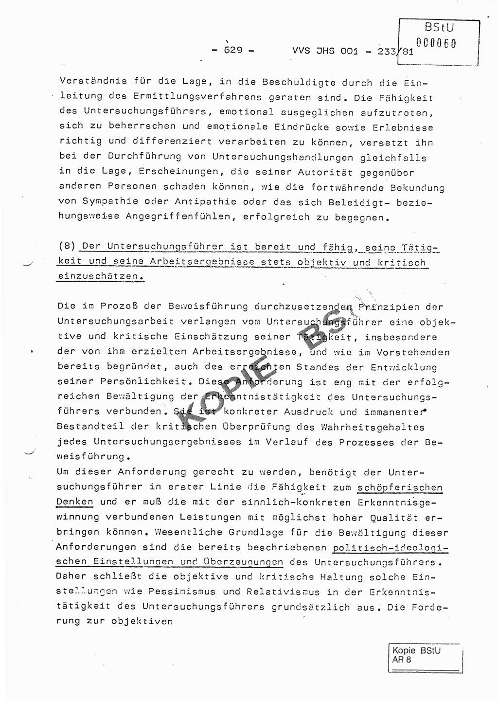 Dissertation Oberstleutnant Horst Zank (JHS), Oberstleutnant Dr. Karl-Heinz Knoblauch (JHS), Oberstleutnant Gustav-Adolf Kowalewski (HA Ⅸ), Oberstleutnant Wolfgang Plötner (HA Ⅸ), Ministerium für Staatssicherheit (MfS) [Deutsche Demokratische Republik (DDR)], Juristische Hochschule (JHS), Vertrauliche Verschlußsache (VVS) o001-233/81, Potsdam 1981, Blatt 629 (Diss. MfS DDR JHS VVS o001-233/81 1981, Bl. 629)