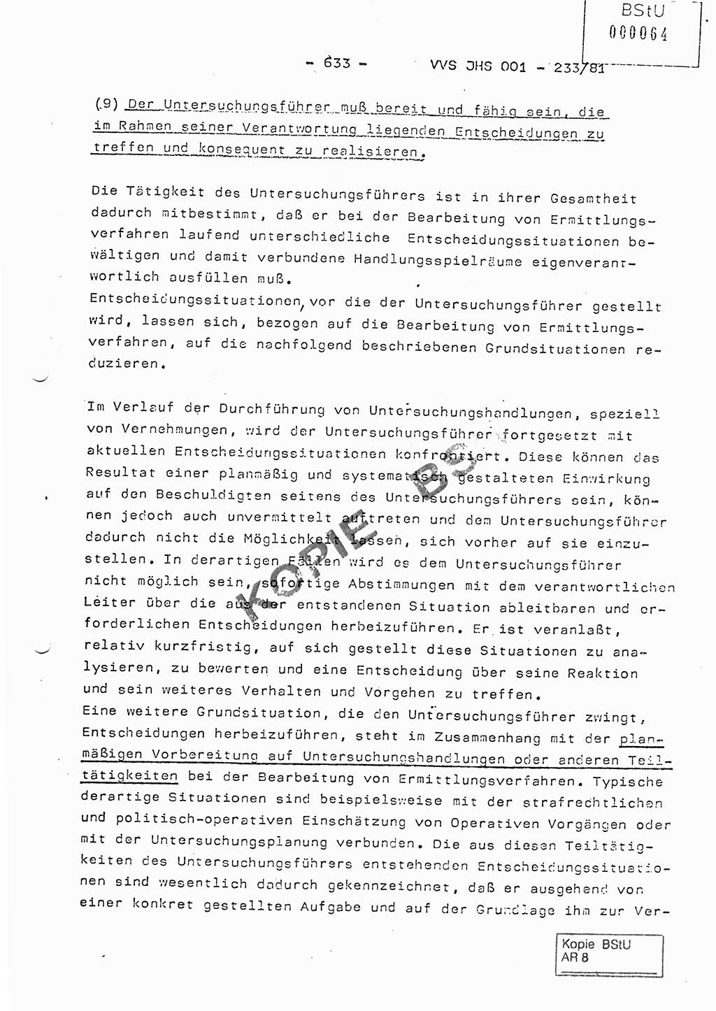 Dissertation Oberstleutnant Horst Zank (JHS), Oberstleutnant Dr. Karl-Heinz Knoblauch (JHS), Oberstleutnant Gustav-Adolf Kowalewski (HA Ⅸ), Oberstleutnant Wolfgang Plötner (HA Ⅸ), Ministerium für Staatssicherheit (MfS) [Deutsche Demokratische Republik (DDR)], Juristische Hochschule (JHS), Vertrauliche Verschlußsache (VVS) o001-233/81, Potsdam 1981, Blatt 633 (Diss. MfS DDR JHS VVS o001-233/81 1981, Bl. 633)