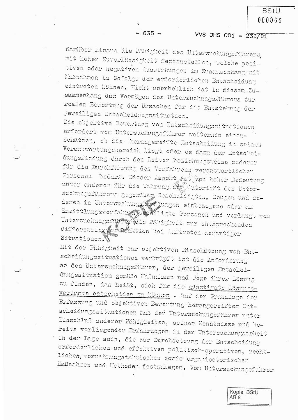 Dissertation Oberstleutnant Horst Zank (JHS), Oberstleutnant Dr. Karl-Heinz Knoblauch (JHS), Oberstleutnant Gustav-Adolf Kowalewski (HA Ⅸ), Oberstleutnant Wolfgang Plötner (HA Ⅸ), Ministerium für Staatssicherheit (MfS) [Deutsche Demokratische Republik (DDR)], Juristische Hochschule (JHS), Vertrauliche Verschlußsache (VVS) o001-233/81, Potsdam 1981, Blatt 635 (Diss. MfS DDR JHS VVS o001-233/81 1981, Bl. 635)