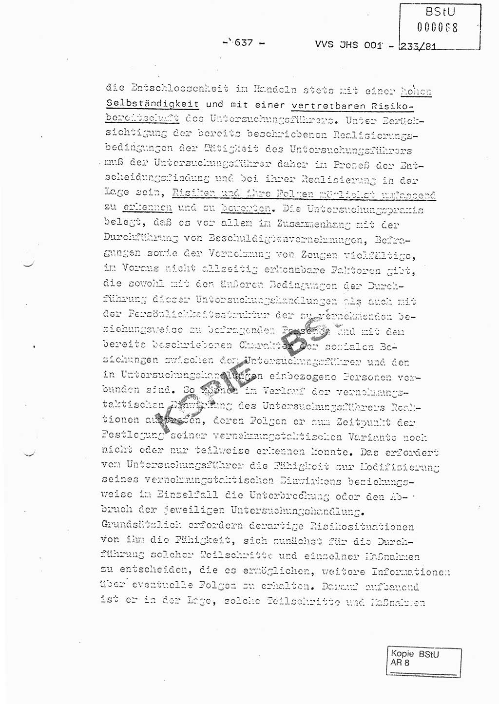 Dissertation Oberstleutnant Horst Zank (JHS), Oberstleutnant Dr. Karl-Heinz Knoblauch (JHS), Oberstleutnant Gustav-Adolf Kowalewski (HA Ⅸ), Oberstleutnant Wolfgang Plötner (HA Ⅸ), Ministerium für Staatssicherheit (MfS) [Deutsche Demokratische Republik (DDR)], Juristische Hochschule (JHS), Vertrauliche Verschlußsache (VVS) o001-233/81, Potsdam 1981, Blatt 637 (Diss. MfS DDR JHS VVS o001-233/81 1981, Bl. 637)