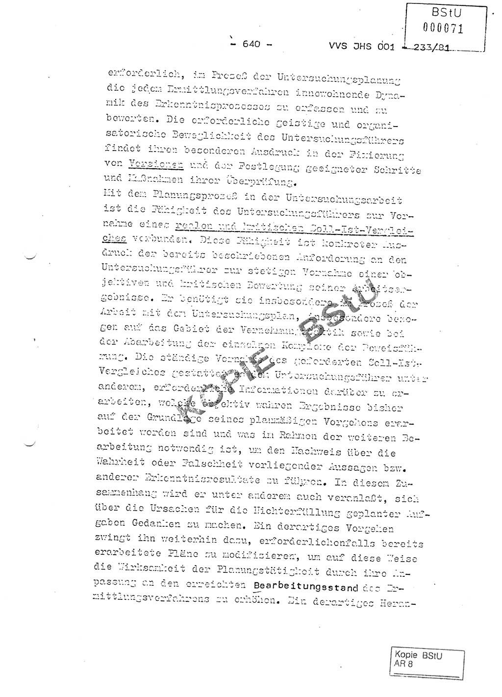Dissertation Oberstleutnant Horst Zank (JHS), Oberstleutnant Dr. Karl-Heinz Knoblauch (JHS), Oberstleutnant Gustav-Adolf Kowalewski (HA Ⅸ), Oberstleutnant Wolfgang Plötner (HA Ⅸ), Ministerium für Staatssicherheit (MfS) [Deutsche Demokratische Republik (DDR)], Juristische Hochschule (JHS), Vertrauliche Verschlußsache (VVS) o001-233/81, Potsdam 1981, Blatt 640 (Diss. MfS DDR JHS VVS o001-233/81 1981, Bl. 640)