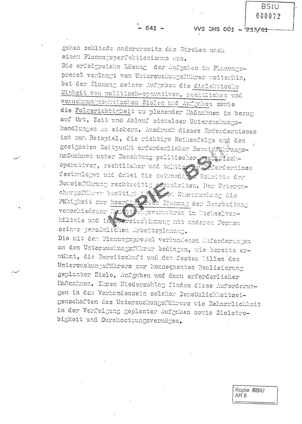 Dissertation Oberstleutnant Horst Zank (JHS), Oberstleutnant Dr. Karl-Heinz Knoblauch (JHS), Oberstleutnant Gustav-Adolf Kowalewski (HA Ⅸ), Oberstleutnant Wolfgang Plötner (HA Ⅸ), Ministerium für Staatssicherheit (MfS) [Deutsche Demokratische Republik (DDR)], Juristische Hochschule (JHS), Vertrauliche Verschlußsache (VVS) o001-233/81, Potsdam 1981, Blatt 641 (Diss. MfS DDR JHS VVS o001-233/81 1981, Bl. 641)