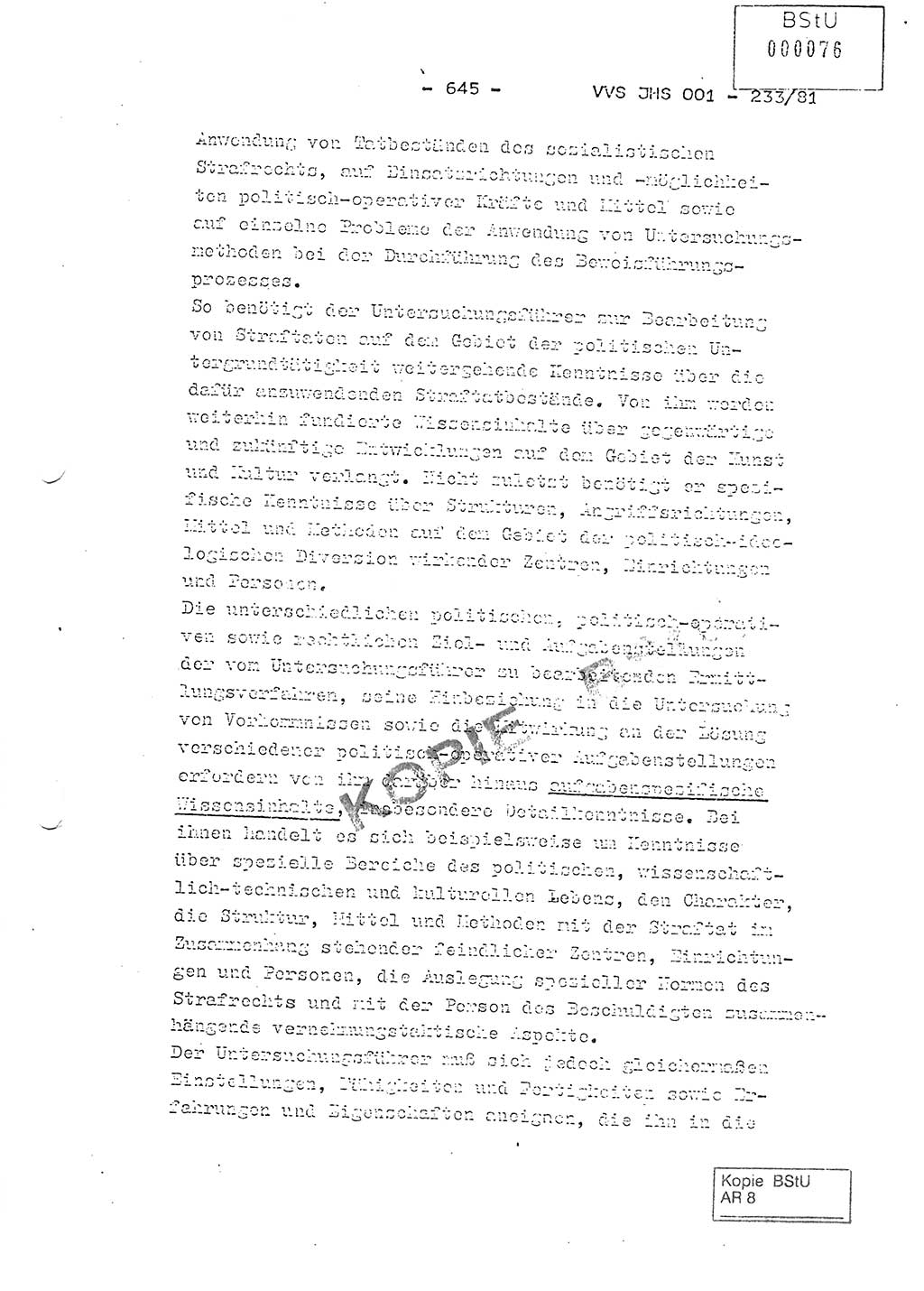 Dissertation Oberstleutnant Horst Zank (JHS), Oberstleutnant Dr. Karl-Heinz Knoblauch (JHS), Oberstleutnant Gustav-Adolf Kowalewski (HA Ⅸ), Oberstleutnant Wolfgang Plötner (HA Ⅸ), Ministerium für Staatssicherheit (MfS) [Deutsche Demokratische Republik (DDR)], Juristische Hochschule (JHS), Vertrauliche Verschlußsache (VVS) o001-233/81, Potsdam 1981, Blatt 645 (Diss. MfS DDR JHS VVS o001-233/81 1981, Bl. 645)