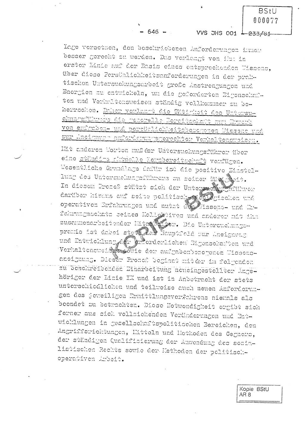 Dissertation Oberstleutnant Horst Zank (JHS), Oberstleutnant Dr. Karl-Heinz Knoblauch (JHS), Oberstleutnant Gustav-Adolf Kowalewski (HA Ⅸ), Oberstleutnant Wolfgang Plötner (HA Ⅸ), Ministerium für Staatssicherheit (MfS) [Deutsche Demokratische Republik (DDR)], Juristische Hochschule (JHS), Vertrauliche Verschlußsache (VVS) o001-233/81, Potsdam 1981, Blatt 646 (Diss. MfS DDR JHS VVS o001-233/81 1981, Bl. 646)