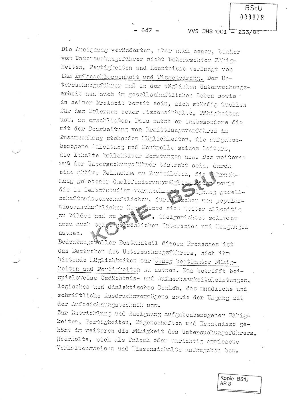 Dissertation Oberstleutnant Horst Zank (JHS), Oberstleutnant Dr. Karl-Heinz Knoblauch (JHS), Oberstleutnant Gustav-Adolf Kowalewski (HA Ⅸ), Oberstleutnant Wolfgang Plötner (HA Ⅸ), Ministerium für Staatssicherheit (MfS) [Deutsche Demokratische Republik (DDR)], Juristische Hochschule (JHS), Vertrauliche Verschlußsache (VVS) o001-233/81, Potsdam 1981, Blatt 647 (Diss. MfS DDR JHS VVS o001-233/81 1981, Bl. 647)
