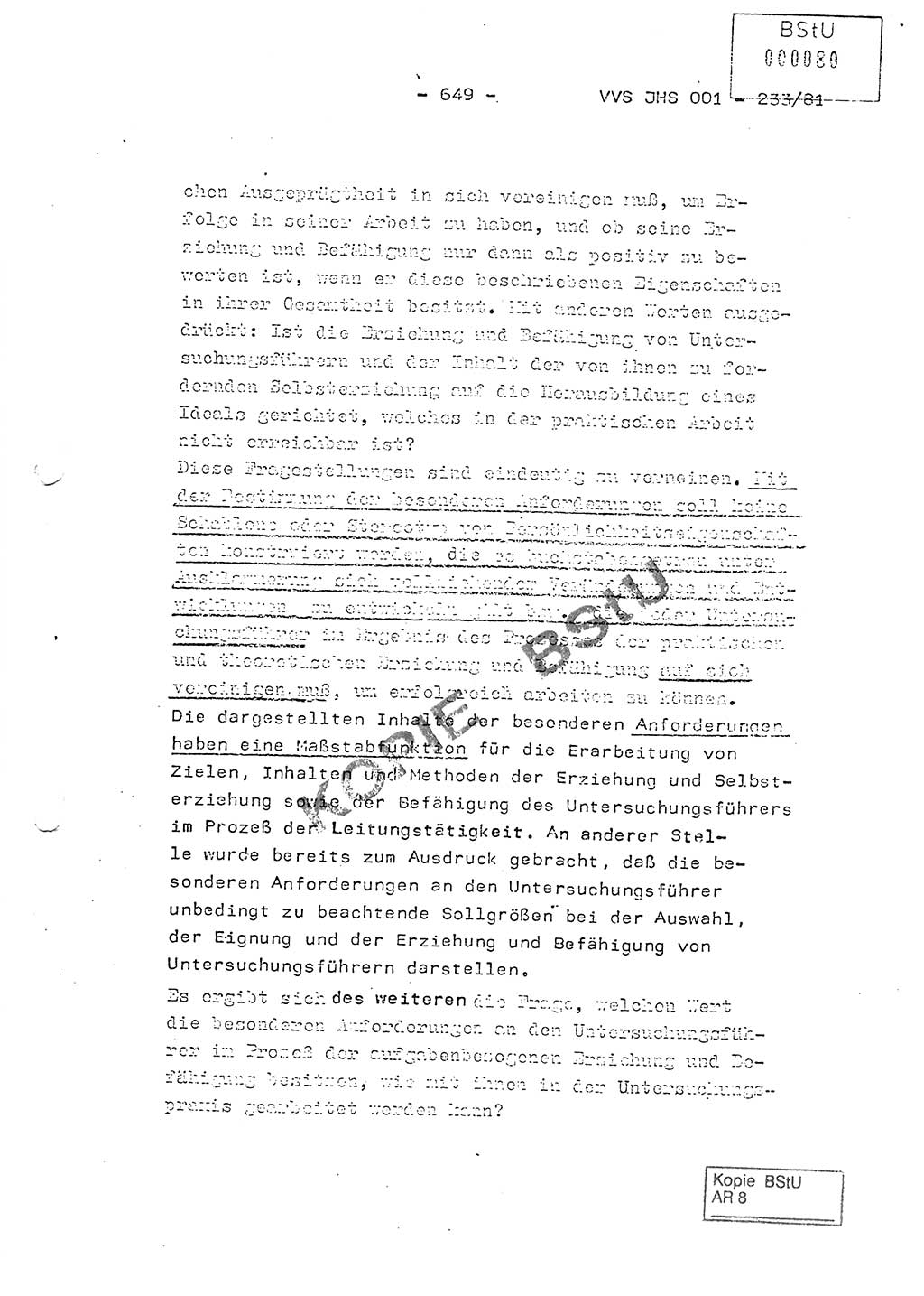 Dissertation Oberstleutnant Horst Zank (JHS), Oberstleutnant Dr. Karl-Heinz Knoblauch (JHS), Oberstleutnant Gustav-Adolf Kowalewski (HA Ⅸ), Oberstleutnant Wolfgang Plötner (HA Ⅸ), Ministerium für Staatssicherheit (MfS) [Deutsche Demokratische Republik (DDR)], Juristische Hochschule (JHS), Vertrauliche Verschlußsache (VVS) o001-233/81, Potsdam 1981, Blatt 649 (Diss. MfS DDR JHS VVS o001-233/81 1981, Bl. 649)