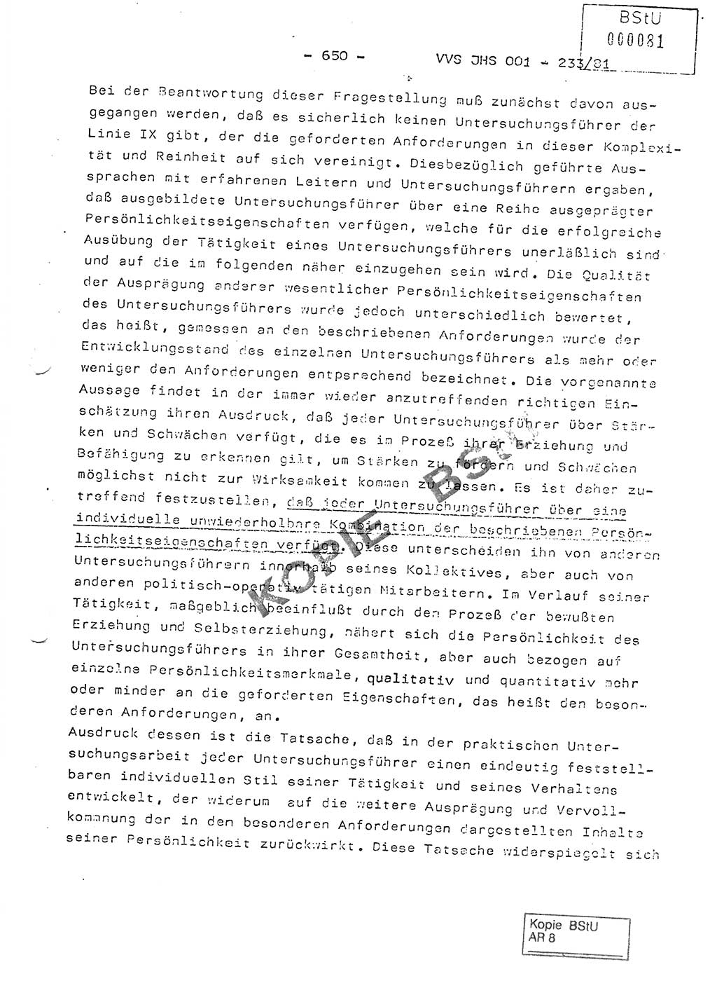 Dissertation Oberstleutnant Horst Zank (JHS), Oberstleutnant Dr. Karl-Heinz Knoblauch (JHS), Oberstleutnant Gustav-Adolf Kowalewski (HA Ⅸ), Oberstleutnant Wolfgang Plötner (HA Ⅸ), Ministerium für Staatssicherheit (MfS) [Deutsche Demokratische Republik (DDR)], Juristische Hochschule (JHS), Vertrauliche Verschlußsache (VVS) o001-233/81, Potsdam 1981, Blatt 650 (Diss. MfS DDR JHS VVS o001-233/81 1981, Bl. 650)
