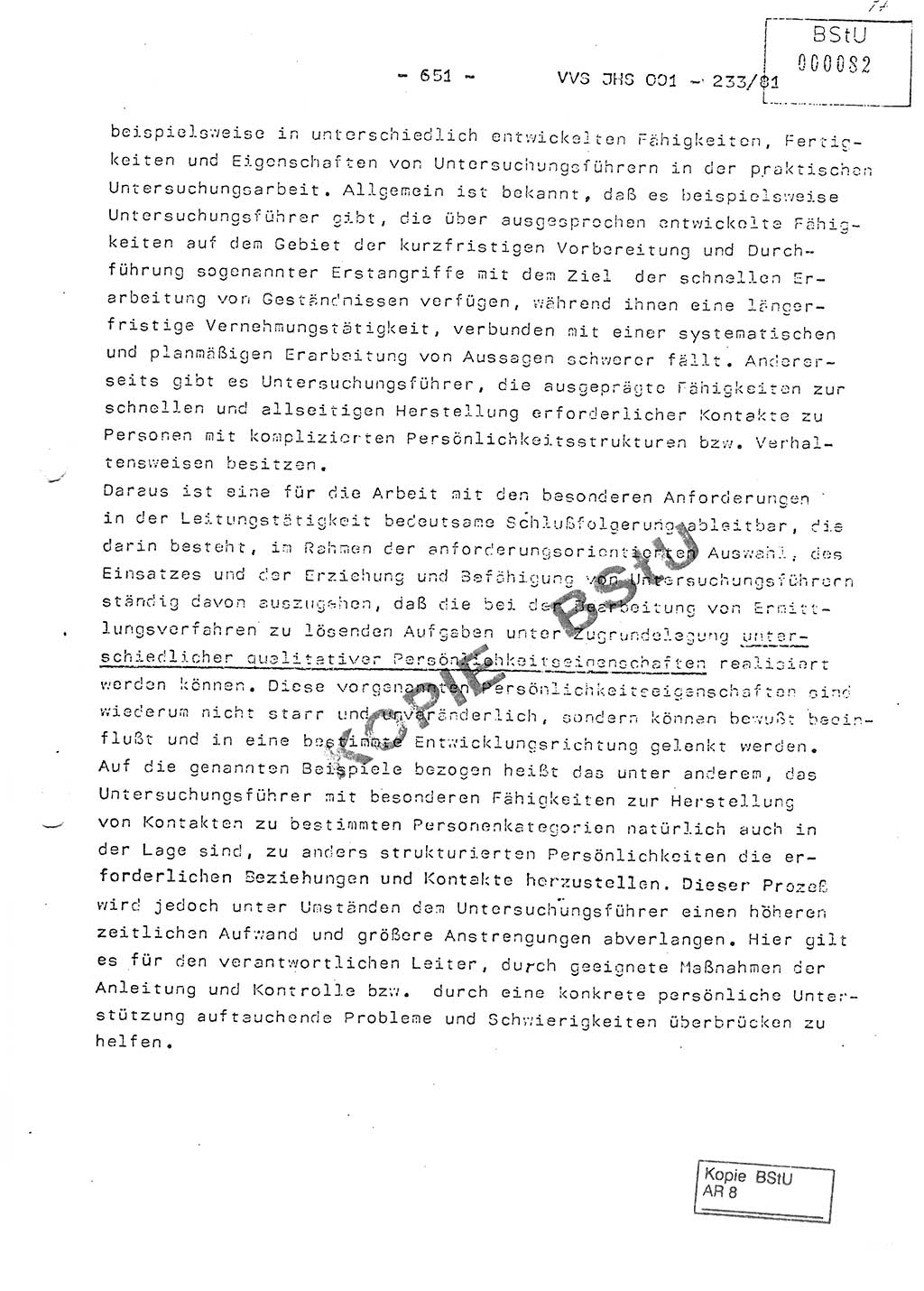 Dissertation Oberstleutnant Horst Zank (JHS), Oberstleutnant Dr. Karl-Heinz Knoblauch (JHS), Oberstleutnant Gustav-Adolf Kowalewski (HA Ⅸ), Oberstleutnant Wolfgang Plötner (HA Ⅸ), Ministerium für Staatssicherheit (MfS) [Deutsche Demokratische Republik (DDR)], Juristische Hochschule (JHS), Vertrauliche Verschlußsache (VVS) o001-233/81, Potsdam 1981, Blatt 651 (Diss. MfS DDR JHS VVS o001-233/81 1981, Bl. 651)
