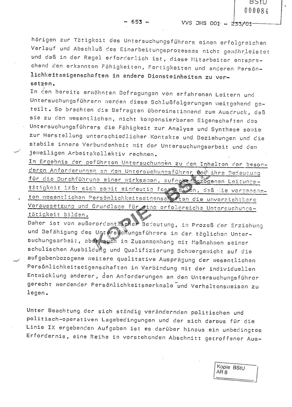 Dissertation Oberstleutnant Horst Zank (JHS), Oberstleutnant Dr. Karl-Heinz Knoblauch (JHS), Oberstleutnant Gustav-Adolf Kowalewski (HA Ⅸ), Oberstleutnant Wolfgang Plötner (HA Ⅸ), Ministerium für Staatssicherheit (MfS) [Deutsche Demokratische Republik (DDR)], Juristische Hochschule (JHS), Vertrauliche Verschlußsache (VVS) o001-233/81, Potsdam 1981, Blatt 653 (Diss. MfS DDR JHS VVS o001-233/81 1981, Bl. 653)