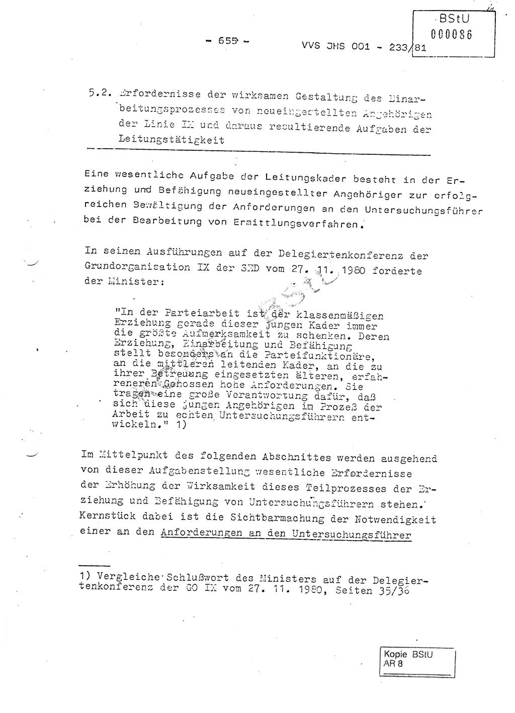 Dissertation Oberstleutnant Horst Zank (JHS), Oberstleutnant Dr. Karl-Heinz Knoblauch (JHS), Oberstleutnant Gustav-Adolf Kowalewski (HA Ⅸ), Oberstleutnant Wolfgang Plötner (HA Ⅸ), Ministerium für Staatssicherheit (MfS) [Deutsche Demokratische Republik (DDR)], Juristische Hochschule (JHS), Vertrauliche Verschlußsache (VVS) o001-233/81, Potsdam 1981, Blatt 655 (Diss. MfS DDR JHS VVS o001-233/81 1981, Bl. 655)