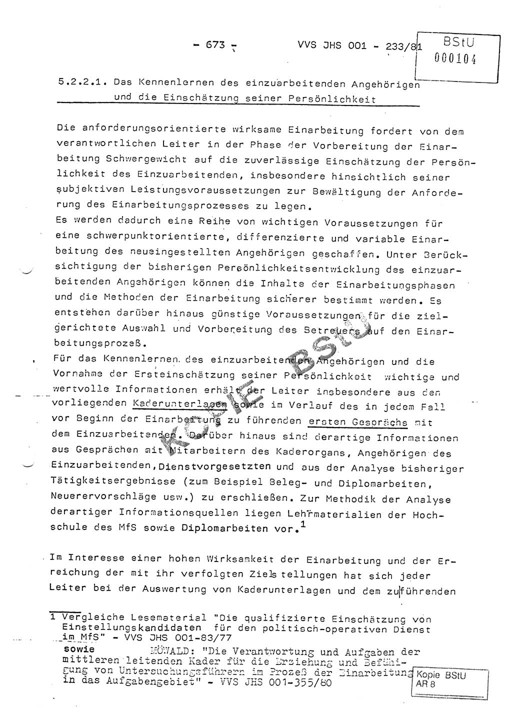 Dissertation Oberstleutnant Horst Zank (JHS), Oberstleutnant Dr. Karl-Heinz Knoblauch (JHS), Oberstleutnant Gustav-Adolf Kowalewski (HA Ⅸ), Oberstleutnant Wolfgang Plötner (HA Ⅸ), Ministerium für Staatssicherheit (MfS) [Deutsche Demokratische Republik (DDR)], Juristische Hochschule (JHS), Vertrauliche Verschlußsache (VVS) o001-233/81, Potsdam 1981, Blatt 673 (Diss. MfS DDR JHS VVS o001-233/81 1981, Bl. 673)