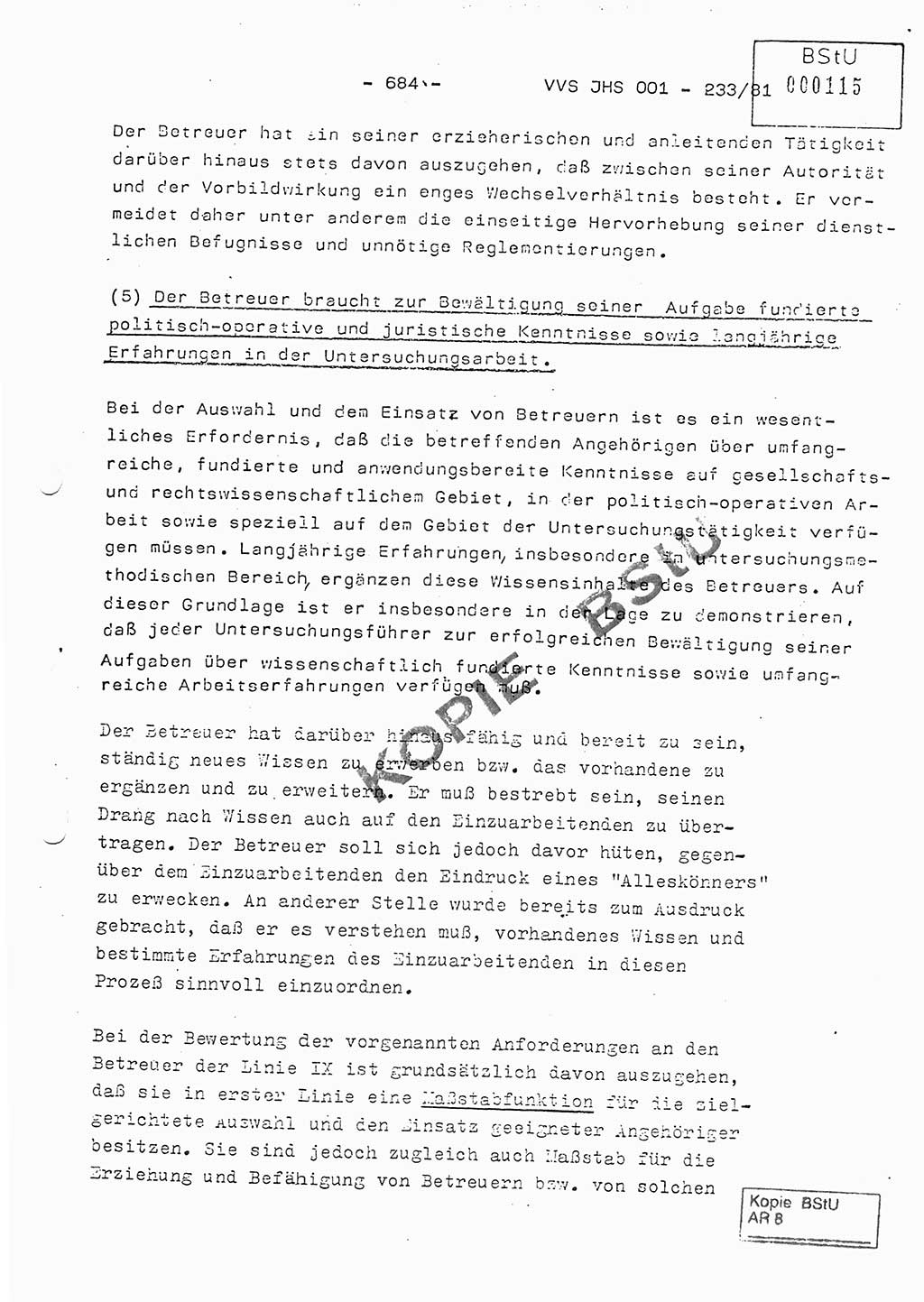 Dissertation Oberstleutnant Horst Zank (JHS), Oberstleutnant Dr. Karl-Heinz Knoblauch (JHS), Oberstleutnant Gustav-Adolf Kowalewski (HA Ⅸ), Oberstleutnant Wolfgang Plötner (HA Ⅸ), Ministerium für Staatssicherheit (MfS) [Deutsche Demokratische Republik (DDR)], Juristische Hochschule (JHS), Vertrauliche Verschlußsache (VVS) o001-233/81, Potsdam 1981, Blatt 684 (Diss. MfS DDR JHS VVS o001-233/81 1981, Bl. 684)