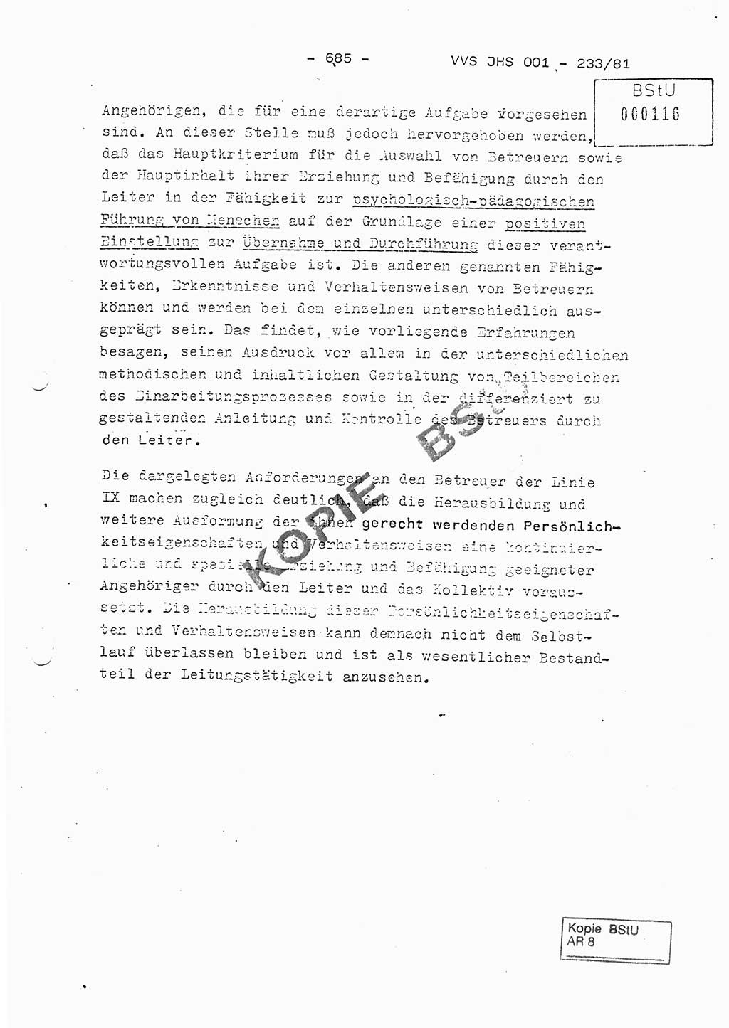 Dissertation Oberstleutnant Horst Zank (JHS), Oberstleutnant Dr. Karl-Heinz Knoblauch (JHS), Oberstleutnant Gustav-Adolf Kowalewski (HA Ⅸ), Oberstleutnant Wolfgang Plötner (HA Ⅸ), Ministerium für Staatssicherheit (MfS) [Deutsche Demokratische Republik (DDR)], Juristische Hochschule (JHS), Vertrauliche Verschlußsache (VVS) o001-233/81, Potsdam 1981, Blatt 685 (Diss. MfS DDR JHS VVS o001-233/81 1981, Bl. 685)