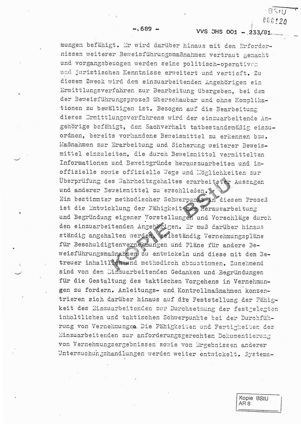 Dissertation Oberstleutnant Horst Zank (JHS), Oberstleutnant Dr. Karl-Heinz Knoblauch (JHS), Oberstleutnant Gustav-Adolf Kowalewski (HA Ⅸ), Oberstleutnant Wolfgang Plötner (HA Ⅸ), Ministerium für Staatssicherheit (MfS) [Deutsche Demokratische Republik (DDR)], Juristische Hochschule (JHS), Vertrauliche Verschlußsache (VVS) o001-233/81, Potsdam 1981, Blatt 689 (Diss. MfS DDR JHS VVS o001-233/81 1981, Bl. 689)