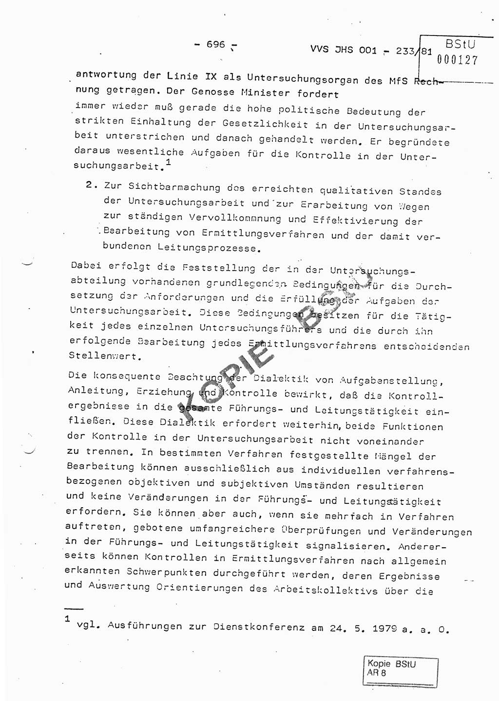 Dissertation Oberstleutnant Horst Zank (JHS), Oberstleutnant Dr. Karl-Heinz Knoblauch (JHS), Oberstleutnant Gustav-Adolf Kowalewski (HA Ⅸ), Oberstleutnant Wolfgang Plötner (HA Ⅸ), Ministerium für Staatssicherheit (MfS) [Deutsche Demokratische Republik (DDR)], Juristische Hochschule (JHS), Vertrauliche Verschlußsache (VVS) o001-233/81, Potsdam 1981, Blatt 696 (Diss. MfS DDR JHS VVS o001-233/81 1981, Bl. 696)