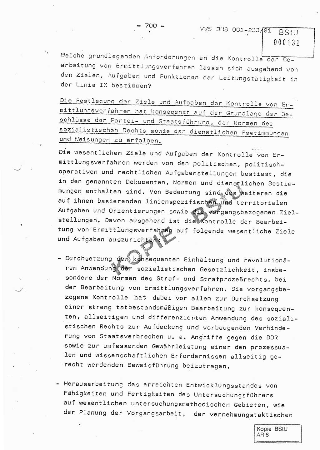 Dissertation Oberstleutnant Horst Zank (JHS), Oberstleutnant Dr. Karl-Heinz Knoblauch (JHS), Oberstleutnant Gustav-Adolf Kowalewski (HA Ⅸ), Oberstleutnant Wolfgang Plötner (HA Ⅸ), Ministerium für Staatssicherheit (MfS) [Deutsche Demokratische Republik (DDR)], Juristische Hochschule (JHS), Vertrauliche Verschlußsache (VVS) o001-233/81, Potsdam 1981, Blatt 700 (Diss. MfS DDR JHS VVS o001-233/81 1981, Bl. 700)