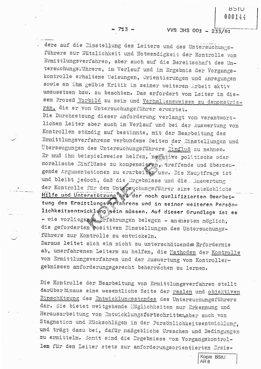 Dissertation Oberstleutnant Horst Zank (JHS), Oberstleutnant Dr. Karl-Heinz Knoblauch (JHS), Oberstleutnant Gustav-Adolf Kowalewski (HA Ⅸ), Oberstleutnant Wolfgang Plötner (HA Ⅸ), Ministerium für Staatssicherheit (MfS) [Deutsche Demokratische Republik (DDR)], Juristische Hochschule (JHS), Vertrauliche Verschlußsache (VVS) o001-233/81, Potsdam 1981, Blatt 713 (Diss. MfS DDR JHS VVS o001-233/81 1981, Bl. 713)