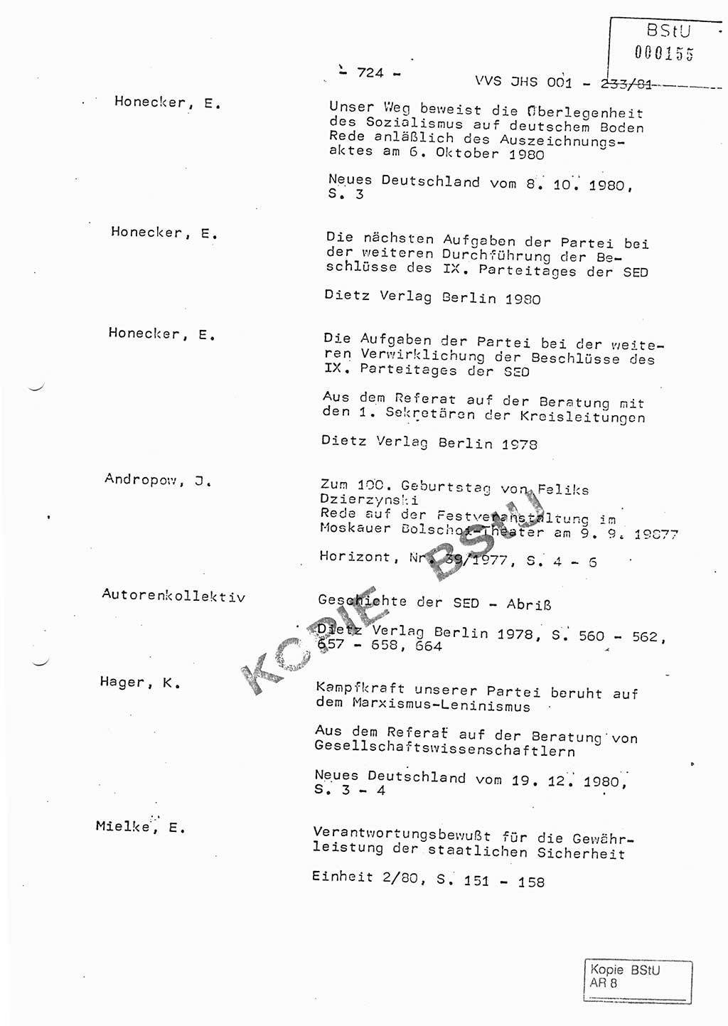 Dissertation Oberstleutnant Horst Zank (JHS), Oberstleutnant Dr. Karl-Heinz Knoblauch (JHS), Oberstleutnant Gustav-Adolf Kowalewski (HA Ⅸ), Oberstleutnant Wolfgang Plötner (HA Ⅸ), Ministerium für Staatssicherheit (MfS) [Deutsche Demokratische Republik (DDR)], Juristische Hochschule (JHS), Vertrauliche Verschlußsache (VVS) o001-233/81, Potsdam 1981, Blatt 724 (Diss. MfS DDR JHS VVS o001-233/81 1981, Bl. 724)