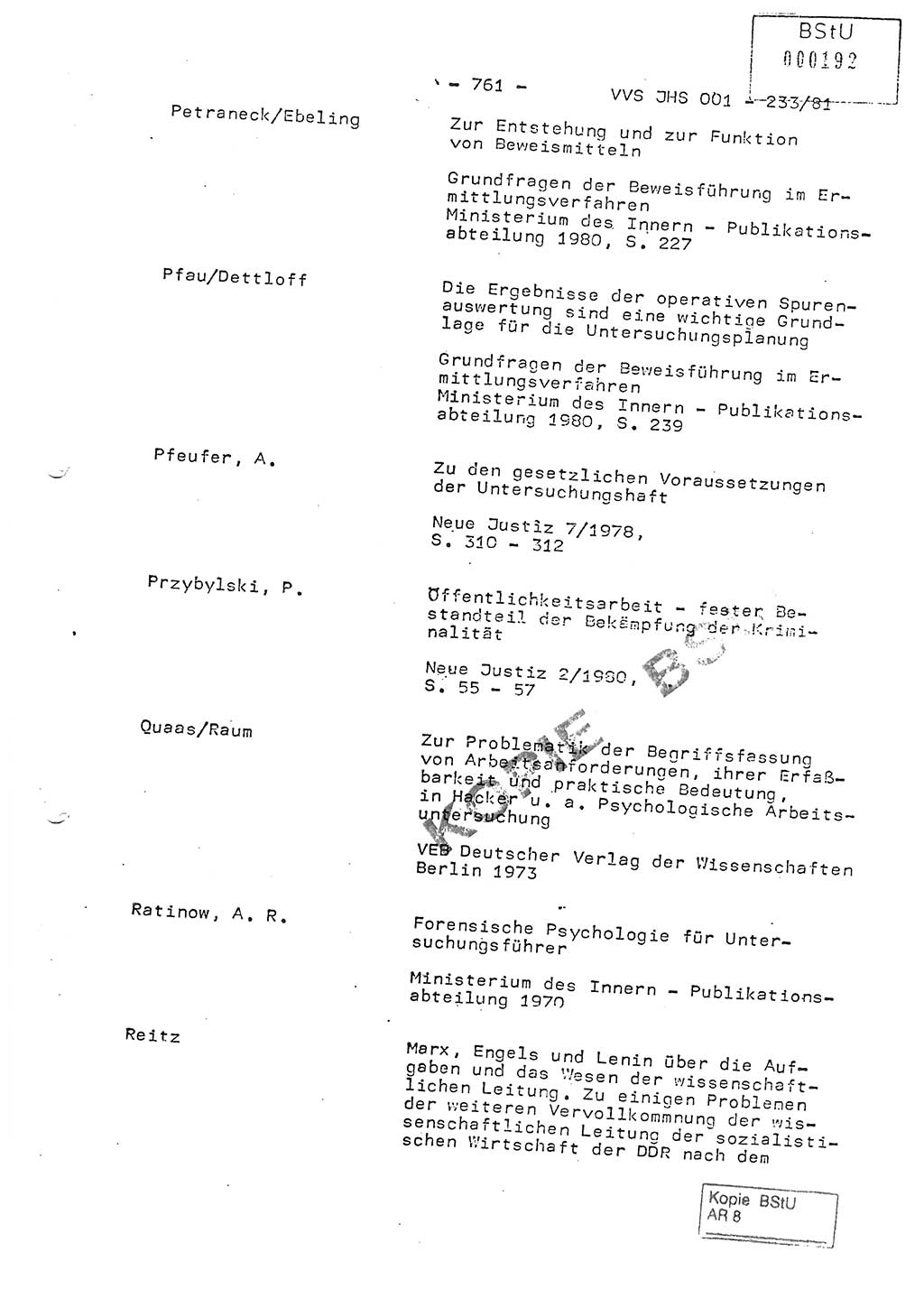 Dissertation Oberstleutnant Horst Zank (JHS), Oberstleutnant Dr. Karl-Heinz Knoblauch (JHS), Oberstleutnant Gustav-Adolf Kowalewski (HA Ⅸ), Oberstleutnant Wolfgang Plötner (HA Ⅸ), Ministerium für Staatssicherheit (MfS) [Deutsche Demokratische Republik (DDR)], Juristische Hochschule (JHS), Vertrauliche Verschlußsache (VVS) o001-233/81, Potsdam 1981, Blatt 761 (Diss. MfS DDR JHS VVS o001-233/81 1981, Bl. 761)