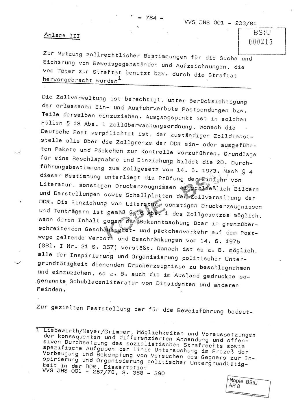 Dissertation Oberstleutnant Horst Zank (JHS), Oberstleutnant Dr. Karl-Heinz Knoblauch (JHS), Oberstleutnant Gustav-Adolf Kowalewski (HA Ⅸ), Oberstleutnant Wolfgang Plötner (HA Ⅸ), Ministerium für Staatssicherheit (MfS) [Deutsche Demokratische Republik (DDR)], Juristische Hochschule (JHS), Vertrauliche Verschlußsache (VVS) o001-233/81, Potsdam 1981, Blatt 784 (Diss. MfS DDR JHS VVS o001-233/81 1981, Bl. 784)