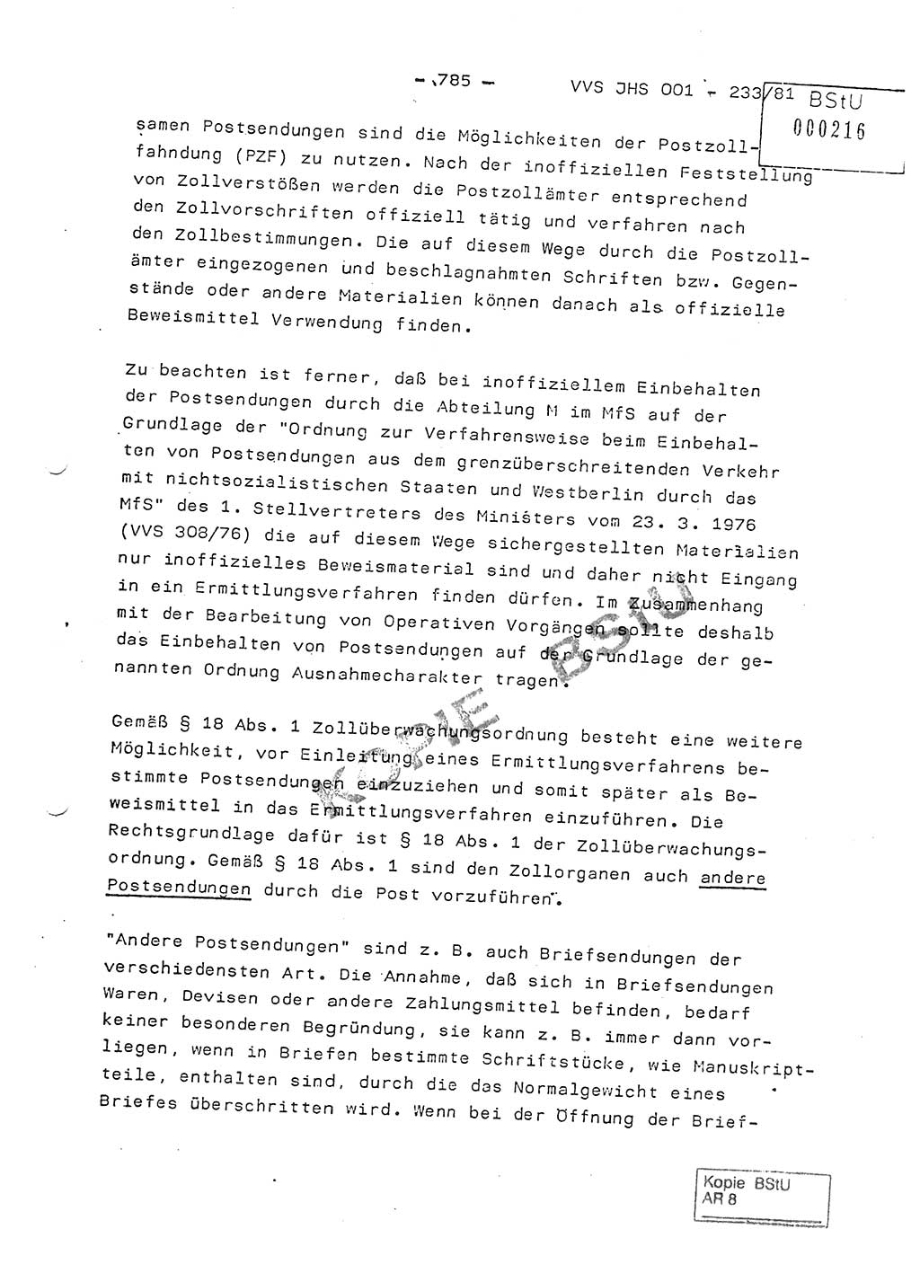 Dissertation Oberstleutnant Horst Zank (JHS), Oberstleutnant Dr. Karl-Heinz Knoblauch (JHS), Oberstleutnant Gustav-Adolf Kowalewski (HA Ⅸ), Oberstleutnant Wolfgang Plötner (HA Ⅸ), Ministerium für Staatssicherheit (MfS) [Deutsche Demokratische Republik (DDR)], Juristische Hochschule (JHS), Vertrauliche Verschlußsache (VVS) o001-233/81, Potsdam 1981, Blatt 785 (Diss. MfS DDR JHS VVS o001-233/81 1981, Bl. 785)