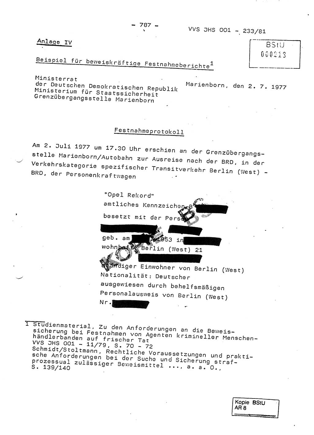 Dissertation Oberstleutnant Horst Zank (JHS), Oberstleutnant Dr. Karl-Heinz Knoblauch (JHS), Oberstleutnant Gustav-Adolf Kowalewski (HA Ⅸ), Oberstleutnant Wolfgang Plötner (HA Ⅸ), Ministerium für Staatssicherheit (MfS) [Deutsche Demokratische Republik (DDR)], Juristische Hochschule (JHS), Vertrauliche Verschlußsache (VVS) o001-233/81, Potsdam 1981, Blatt 787 (Diss. MfS DDR JHS VVS o001-233/81 1981, Bl. 787)