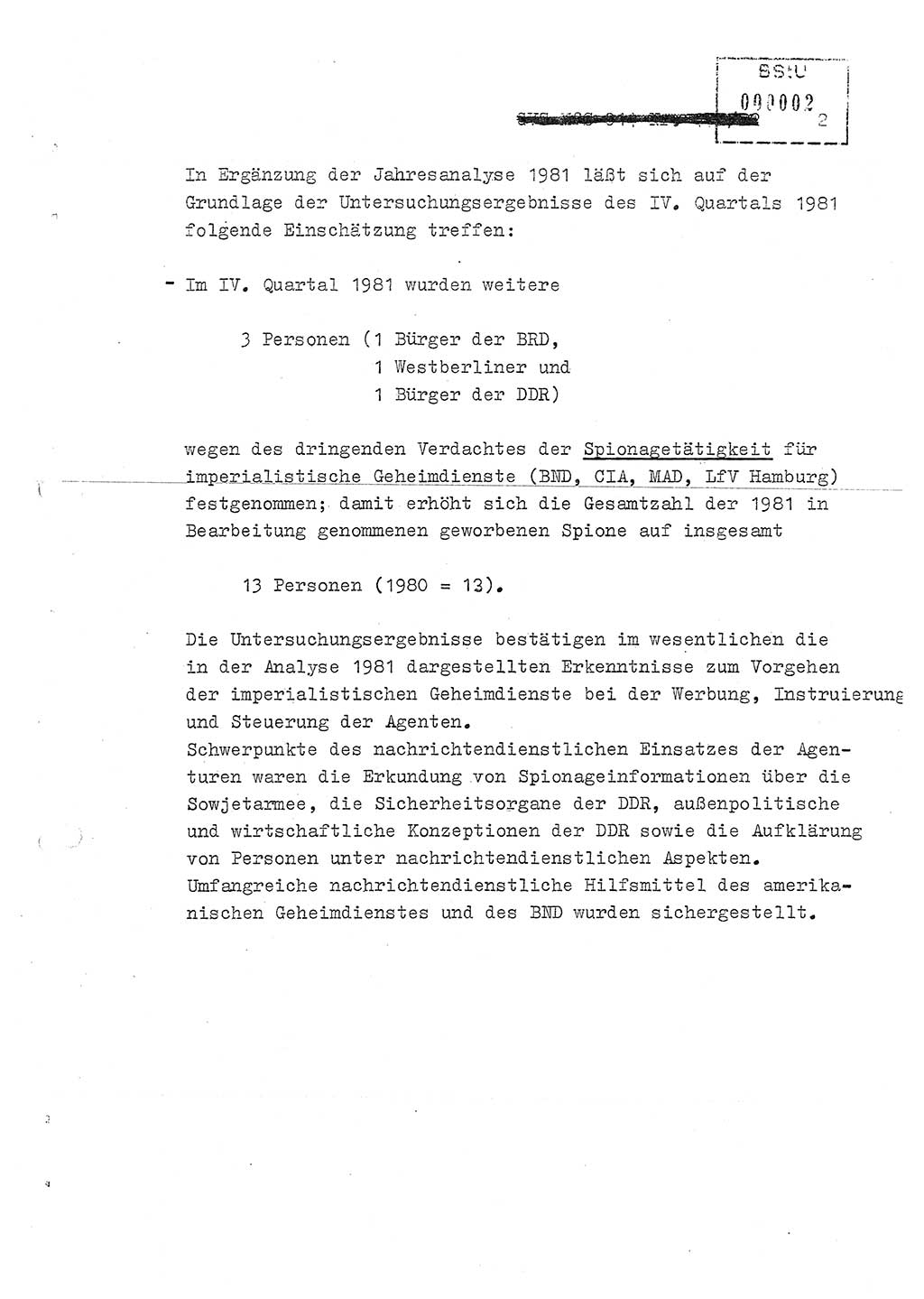 Jahresbericht der Hauptabteilung (HA) Ⅸ 1981, Ergänzung zur Analyse über die Entwicklung und die Wirksamkeit der politisch-operativen Arbeit der Linie Ⅸ für das Ⅳ. Quartal 1981, Ministerium für Staatssicherheit (MfS) der Deutschen Demokratischen Republik (DDR), Hauptabteilung Ⅸ, Berlin 1982, Seite 2 (Erg. Anal. MfS DDR HA Ⅸ /81 1982, S. 2)