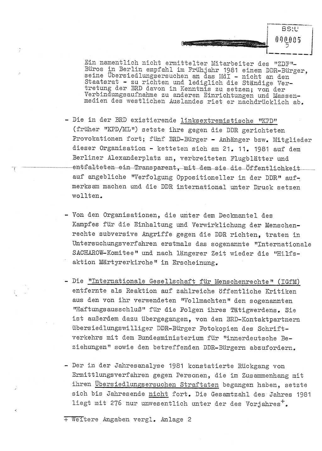 Jahresbericht der Hauptabteilung (HA) Ⅸ 1981, Ergänzung zur Analyse über die Entwicklung und die Wirksamkeit der politisch-operativen Arbeit der Linie Ⅸ für das Ⅳ. Quartal 1981, Ministerium für Staatssicherheit (MfS) der Deutschen Demokratischen Republik (DDR), Hauptabteilung Ⅸ, Berlin 1982, Seite 5 (Erg. Anal. MfS DDR HA Ⅸ /81 1982, S. 5)