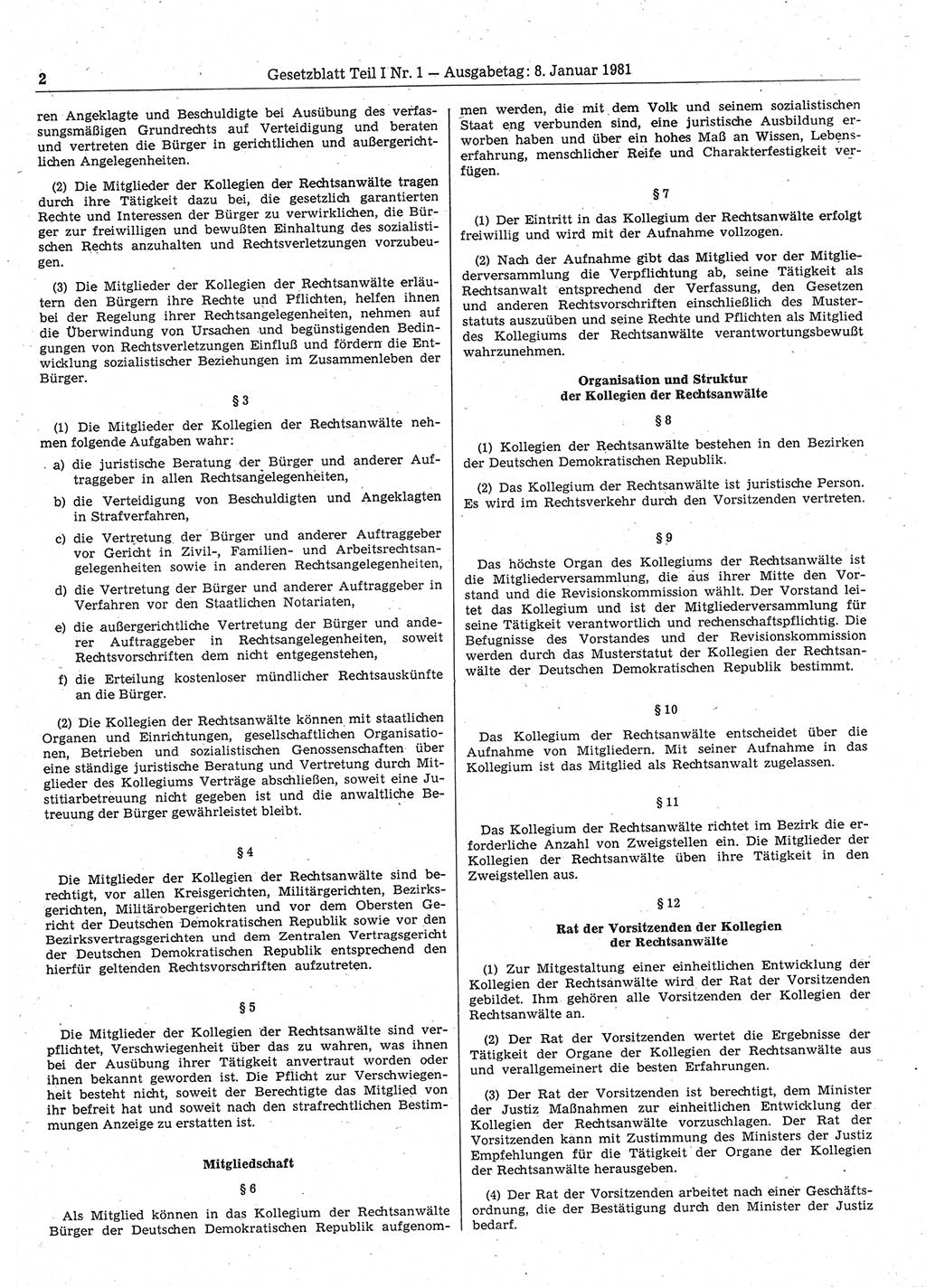 Gesetzblatt (GBl.) der Deutschen Demokratischen Republik (DDR) Teil Ⅰ 1981, Seite 2 (GBl. DDR Ⅰ 1981, S. 2)