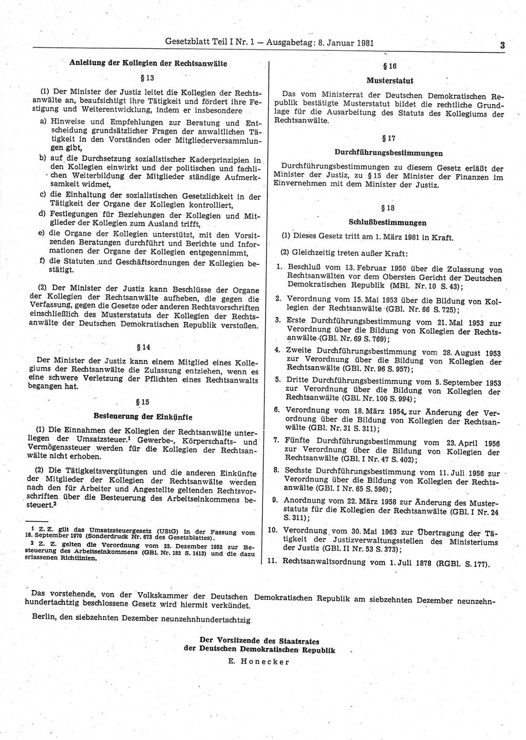 Gesetzblatt (GBl.) der Deutschen Demokratischen Republik (DDR) Teil Ⅰ 1981, Seite 3 (GBl. DDR Ⅰ 1981, S. 3)