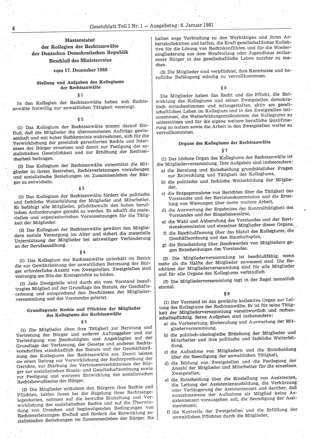 Gesetzblatt (GBl.) der Deutschen Demokratischen Republik (DDR) Teil Ⅰ 1981, Seite 4 (GBl. DDR Ⅰ 1981, S. 4)