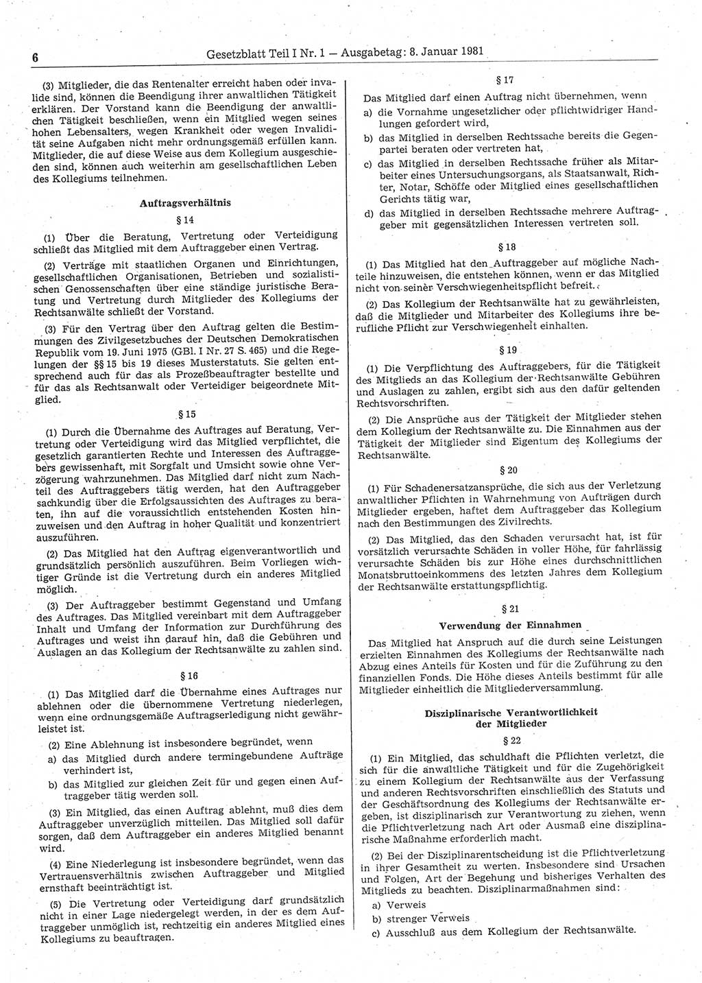 Gesetzblatt (GBl.) der Deutschen Demokratischen Republik (DDR) Teil Ⅰ 1981, Seite 6 (GBl. DDR Ⅰ 1981, S. 6)