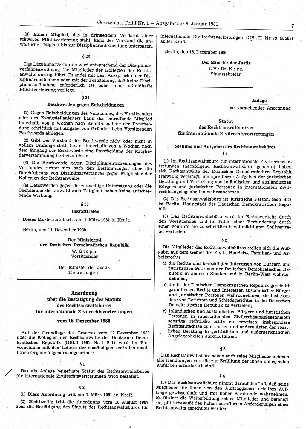 Gesetzblatt (GBl.) der Deutschen Demokratischen Republik (DDR) Teil Ⅰ 1981, Seite 7 (GBl. DDR Ⅰ 1981, S. 7)