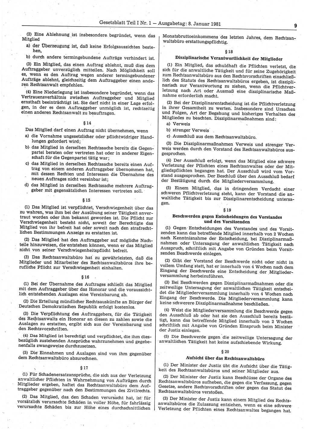 Gesetzblatt (GBl.) der Deutschen Demokratischen Republik (DDR) Teil Ⅰ 1981, Seite 9 (GBl. DDR Ⅰ 1981, S. 9)