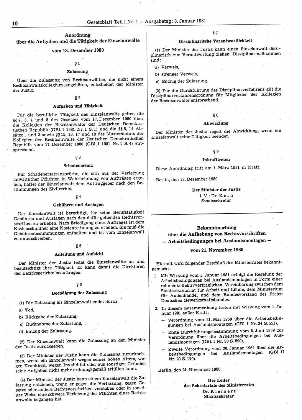 Gesetzblatt (GBl.) der Deutschen Demokratischen Republik (DDR) Teil Ⅰ 1981, Seite 10 (GBl. DDR Ⅰ 1981, S. 10)