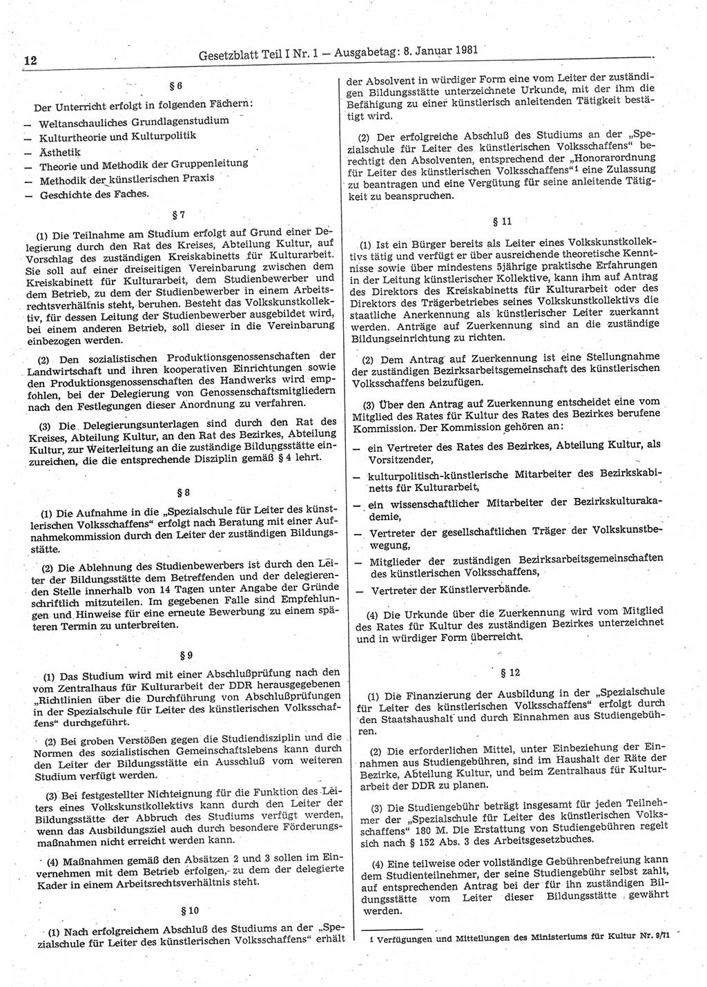Gesetzblatt (GBl.) der Deutschen Demokratischen Republik (DDR) Teil Ⅰ 1981, Seite 12 (GBl. DDR Ⅰ 1981, S. 12)